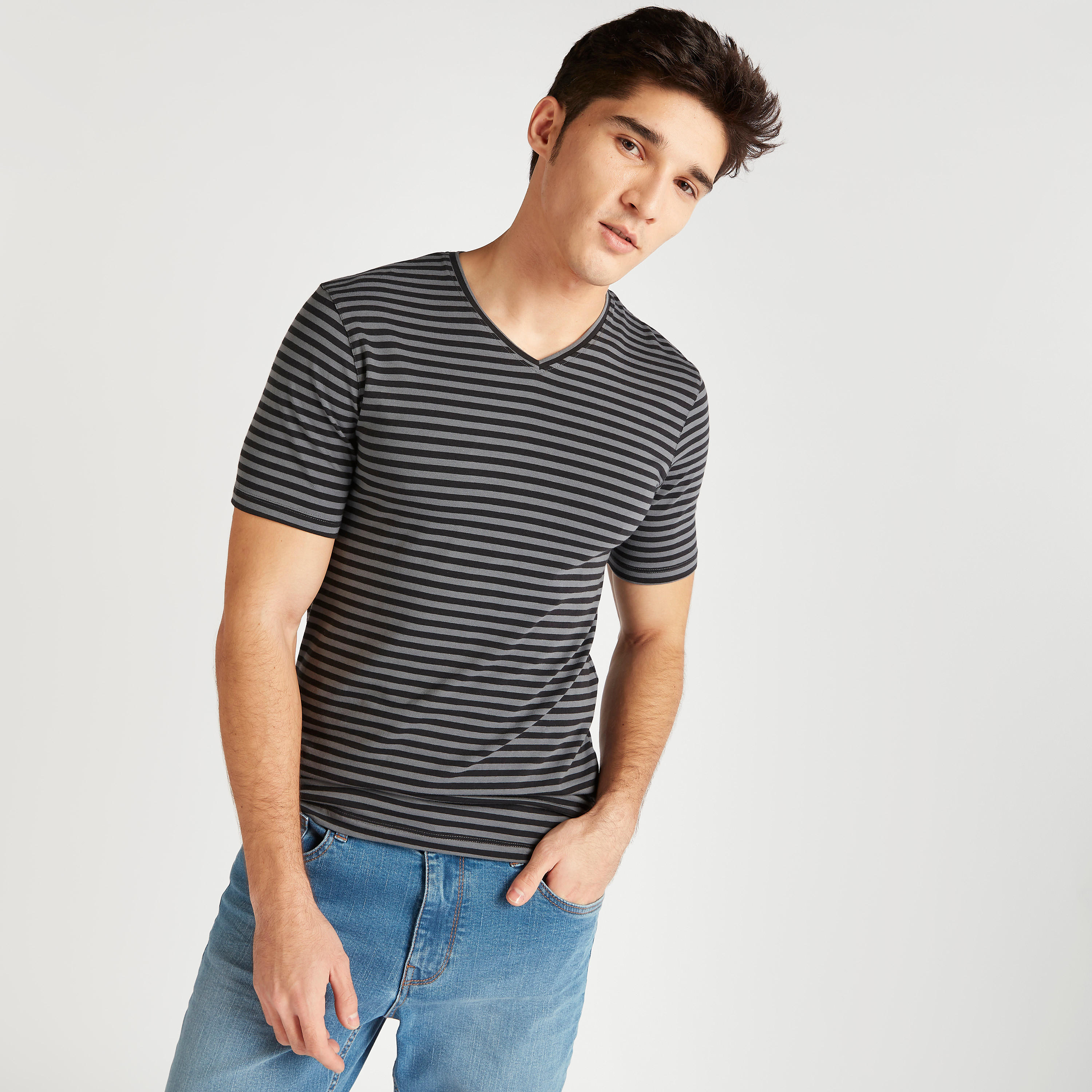 Striped V-neck T-shirt with Short Sleeves-men-clothing-tshirtsandpolos-tshirts-image-1