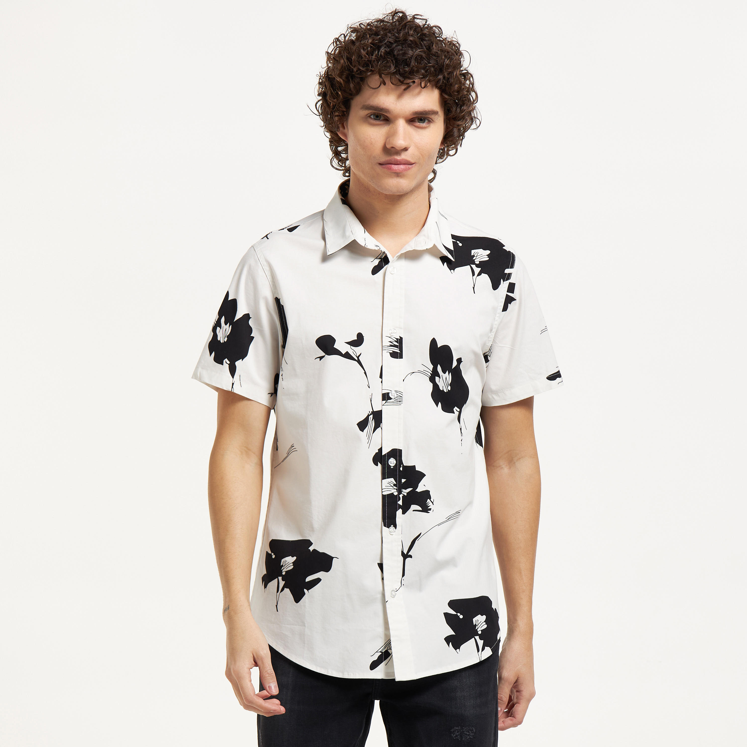 All-Over Floral Print Shirt with Short Sleeves-men-clothing-shirts-image-1