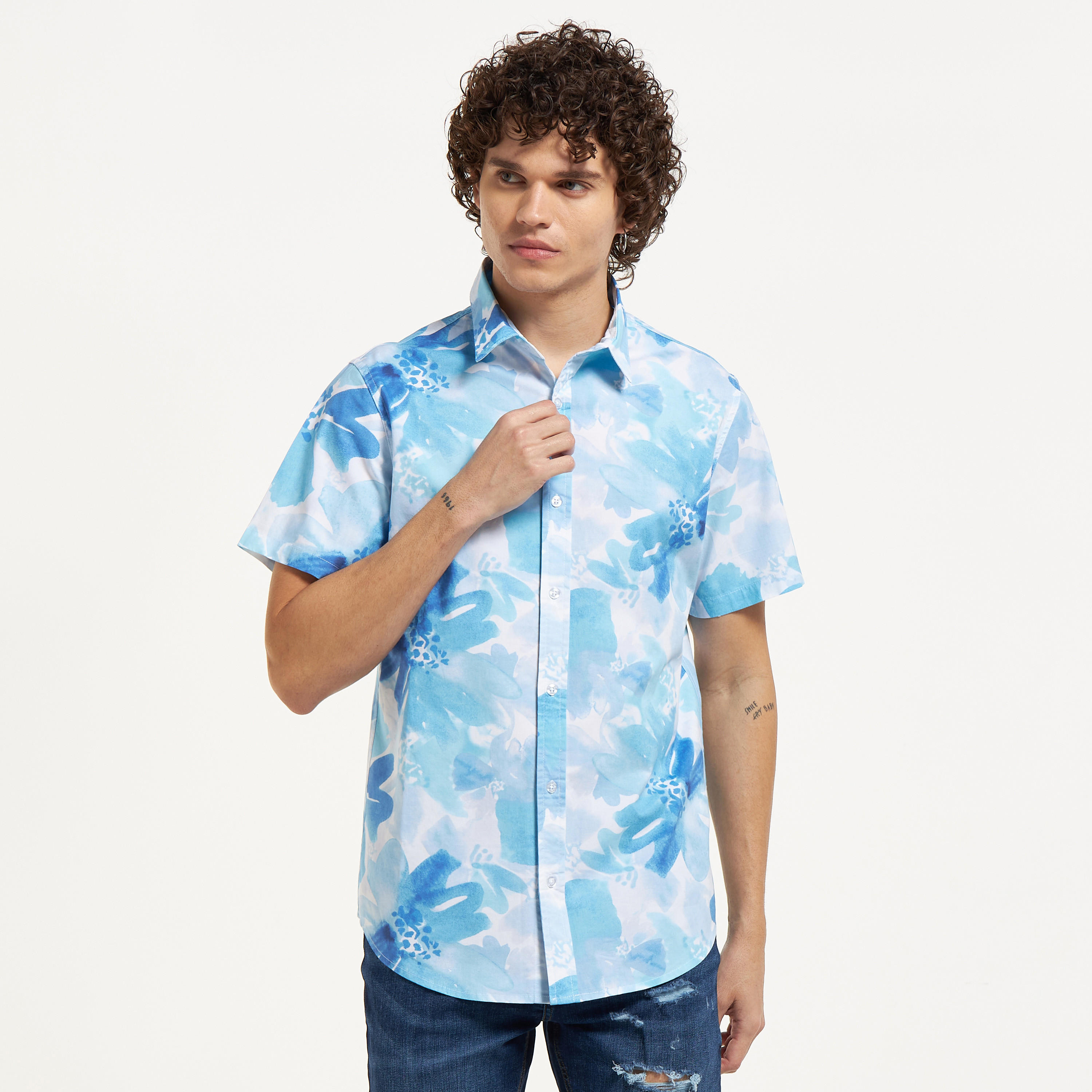 All-Over Floral Print Shirt with Short Sleeves-men-clothing-shirts-image-5