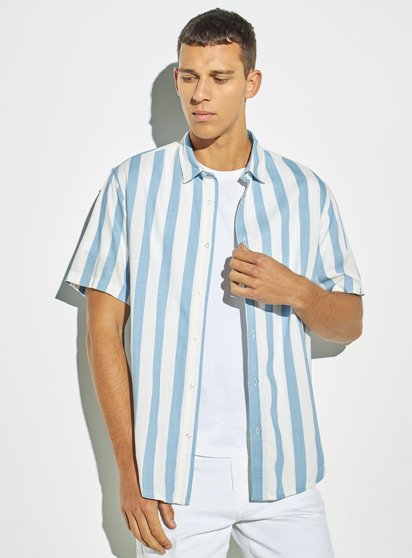 قميص قطن كتان مخطط بأكمام قصيرة-men-clothing-shirts-image-1