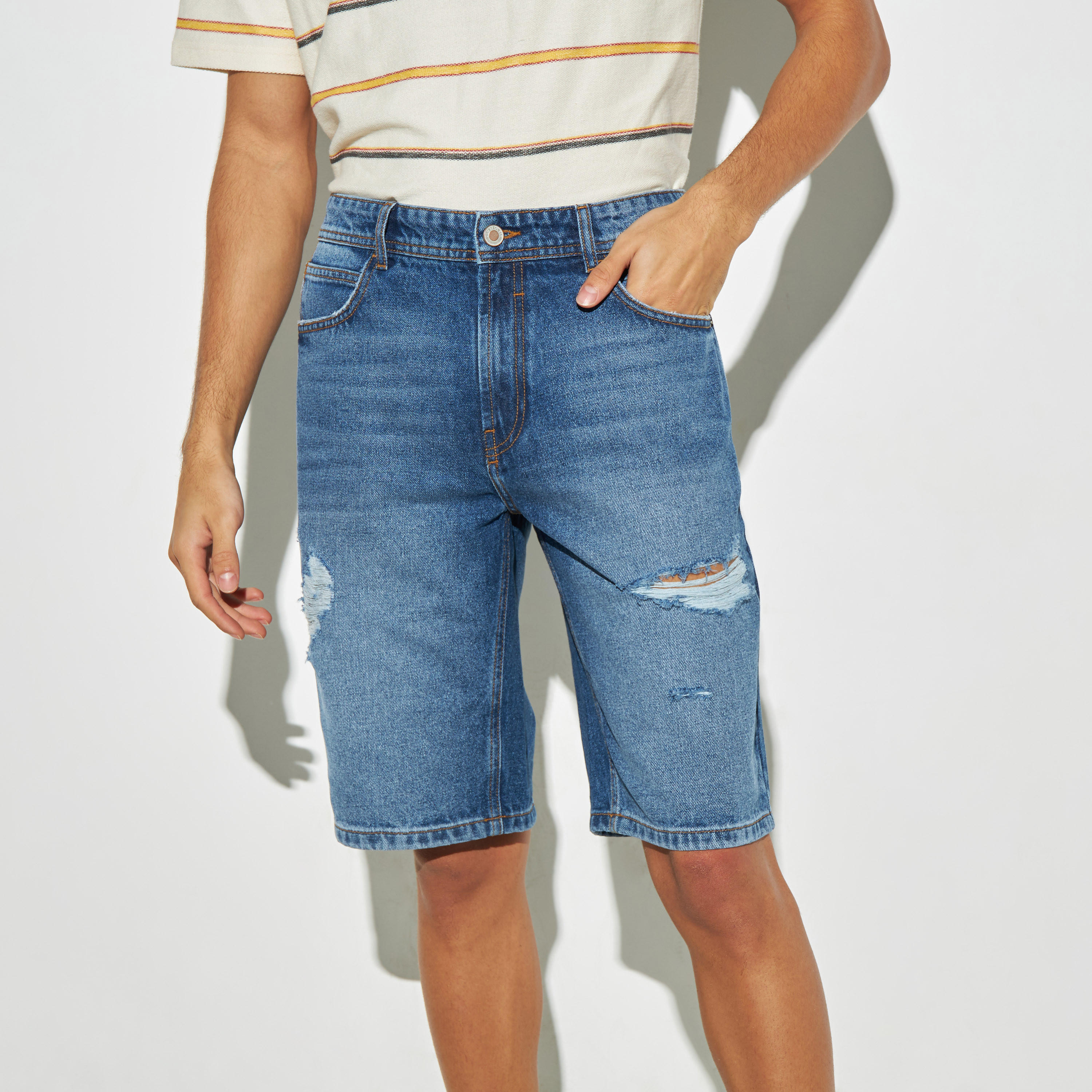 Distressed Denim Shorts with Pockets and Button Closure-men-clothing-bottoms-shorts-image-1