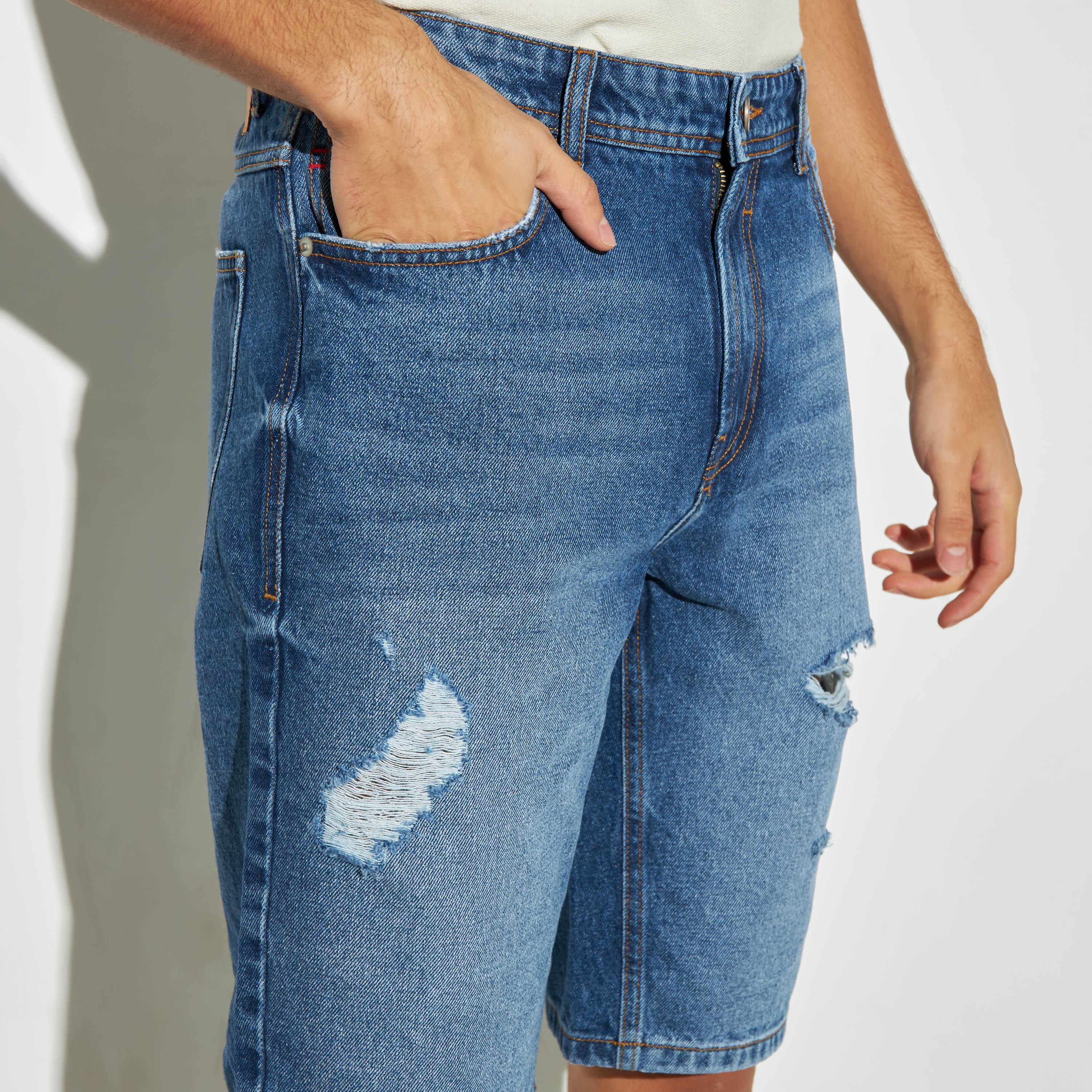 Distressed Denim Shorts with Pockets and Button Closure-men-clothing-bottoms-shorts-image-4