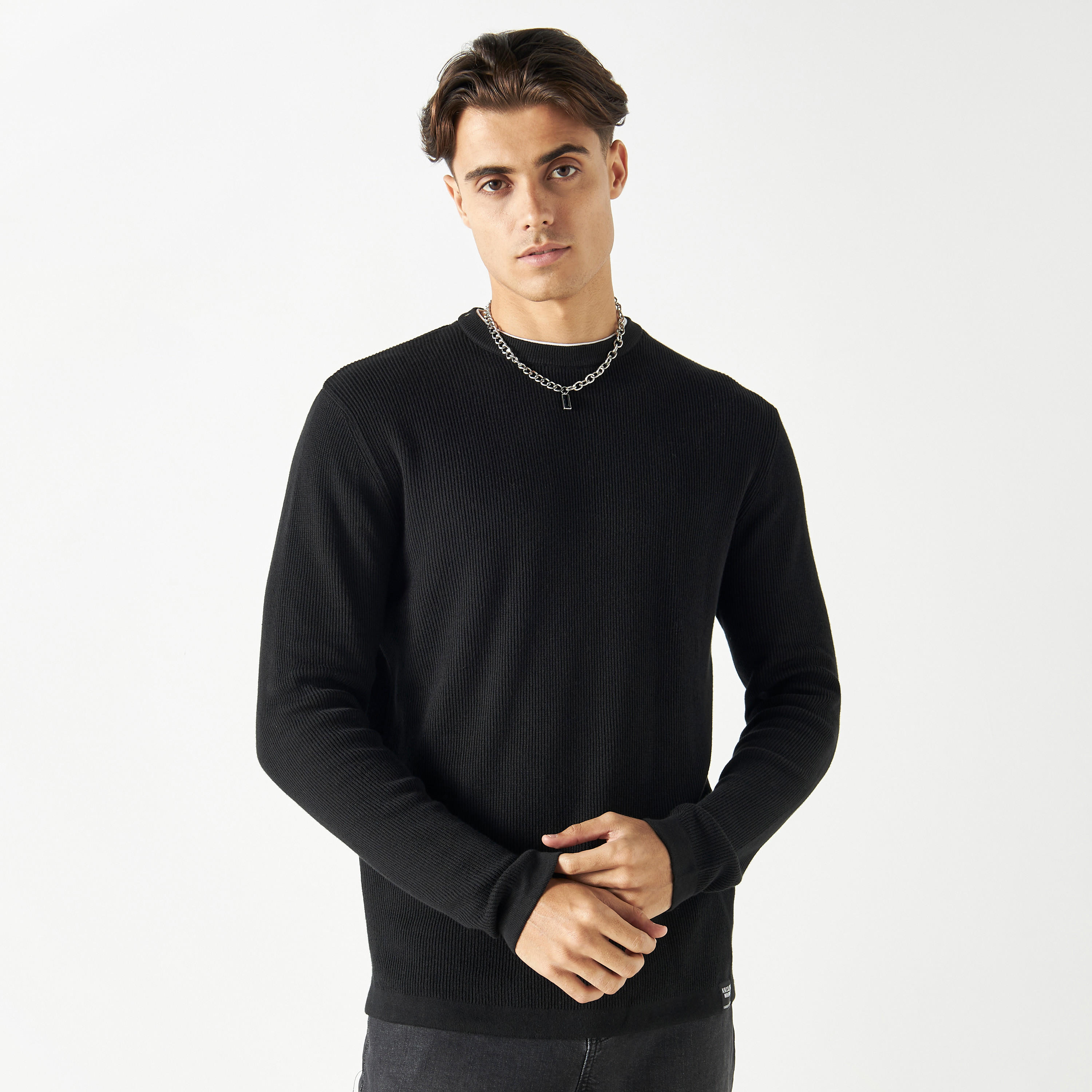 Textured Crew Neck Sweater with Long Sleeves-men-clothing-sweatersandpullovers-image-1