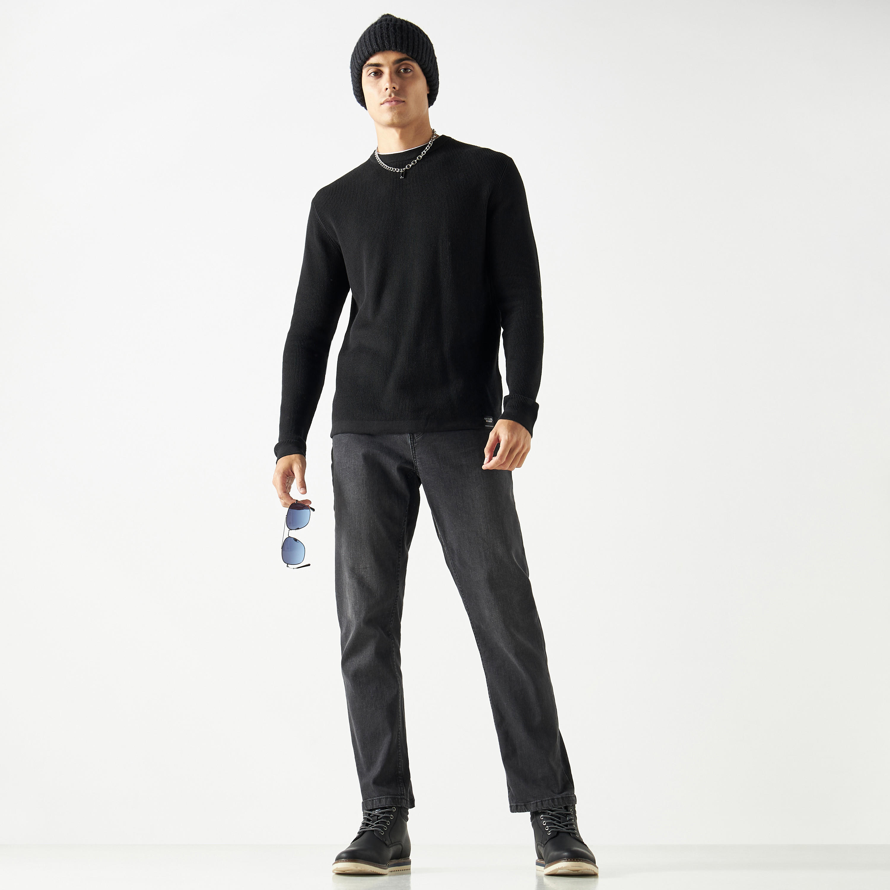 Textured Crew Neck Sweater with Long Sleeves-men-clothing-sweatersandpullovers-image-2