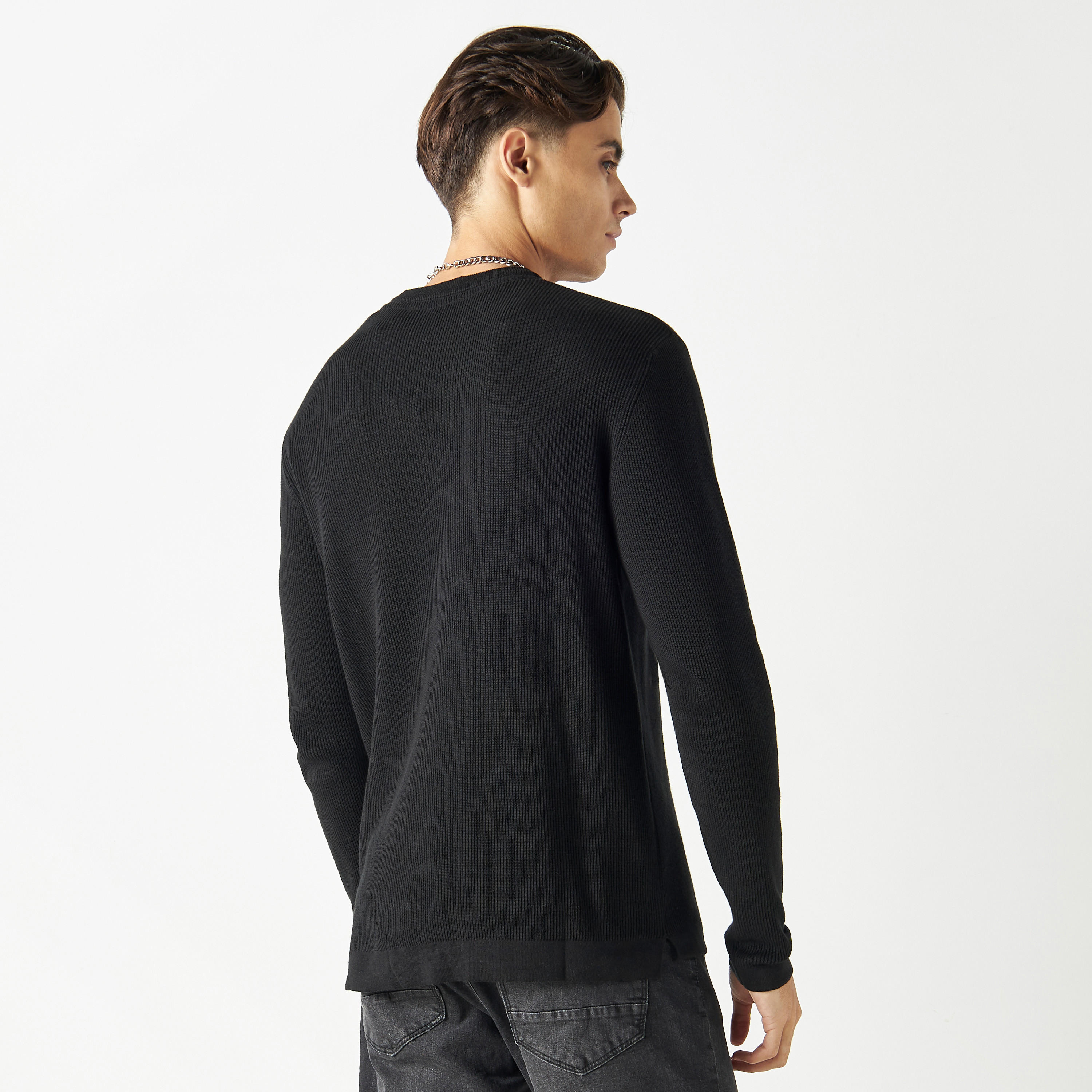 Textured Crew Neck Sweater with Long Sleeves-men-clothing-sweatersandpullovers-image-3