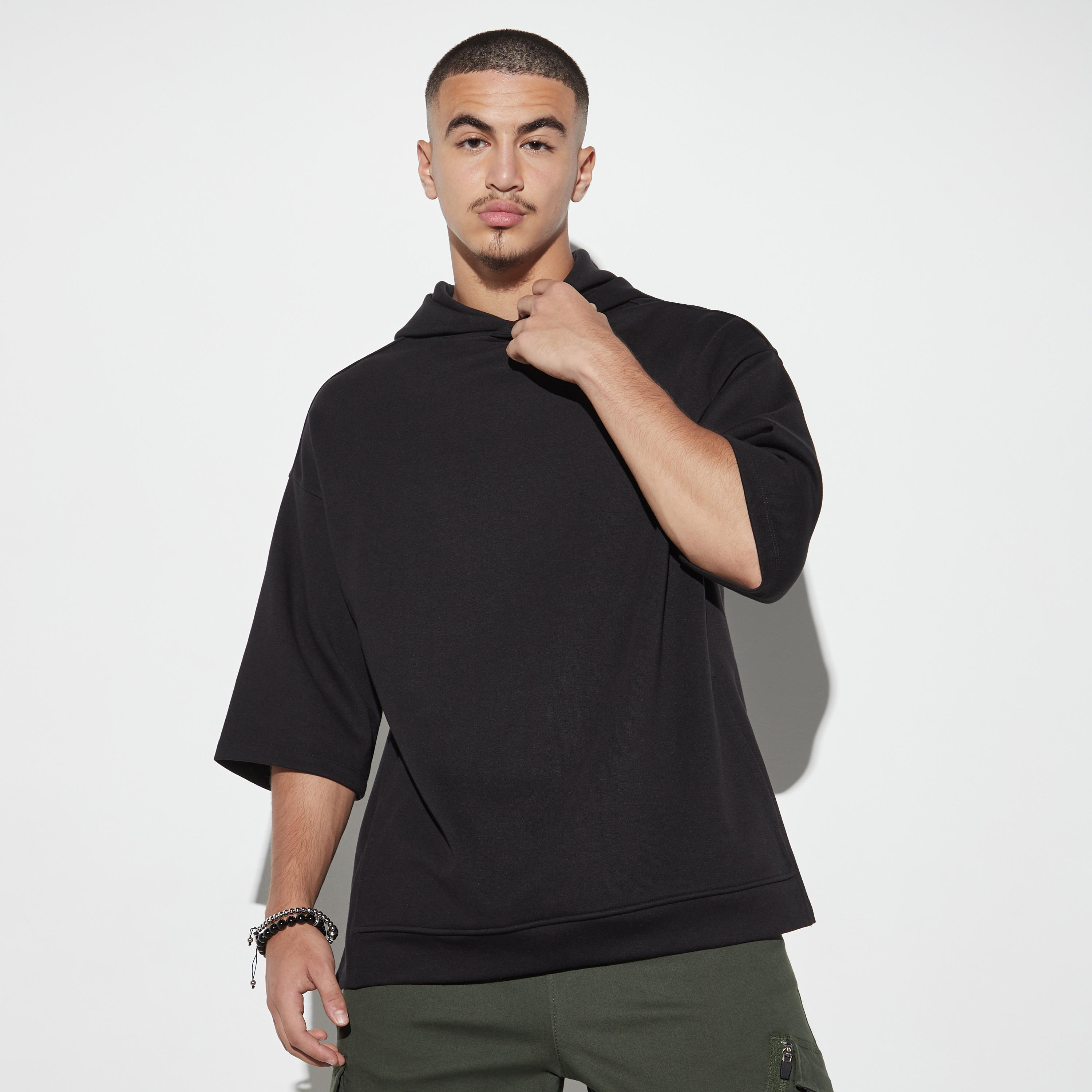 Solid Hooded T-shirt with Drop Shoulder Sleeves-men-winterwear-hoodiesandsweatshirts-image-1