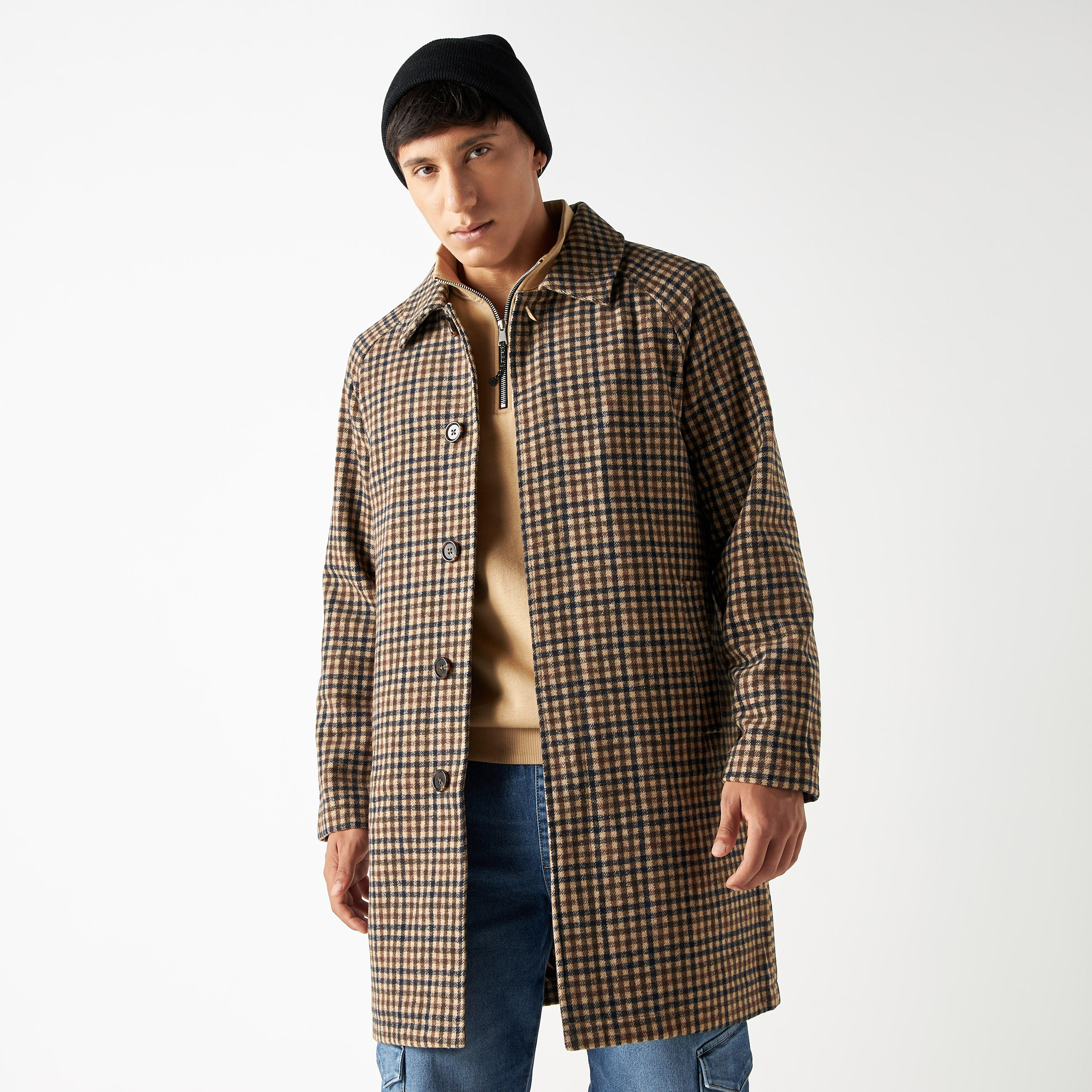 Checked Button Through Coat with Single Vent-men-clothing-jacketsandblazers-coats-image-1