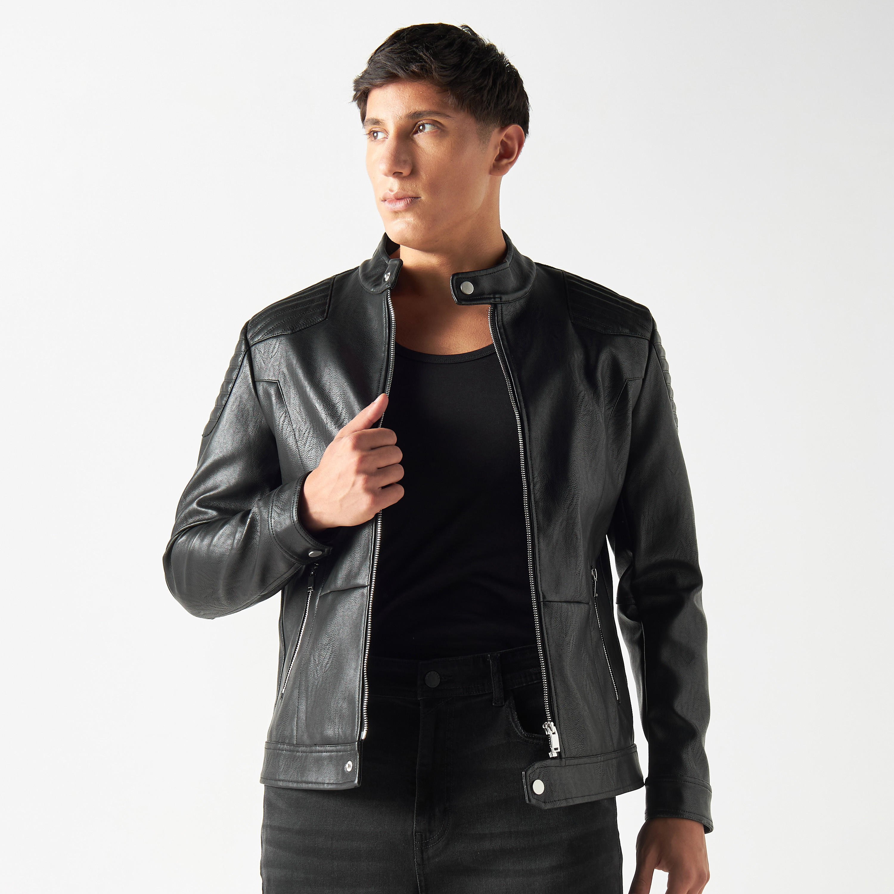 Textured Zip Through Leather Biker Jacket with Long Sleeves-men-clothing-jacketsandblazers-jackets-image-1