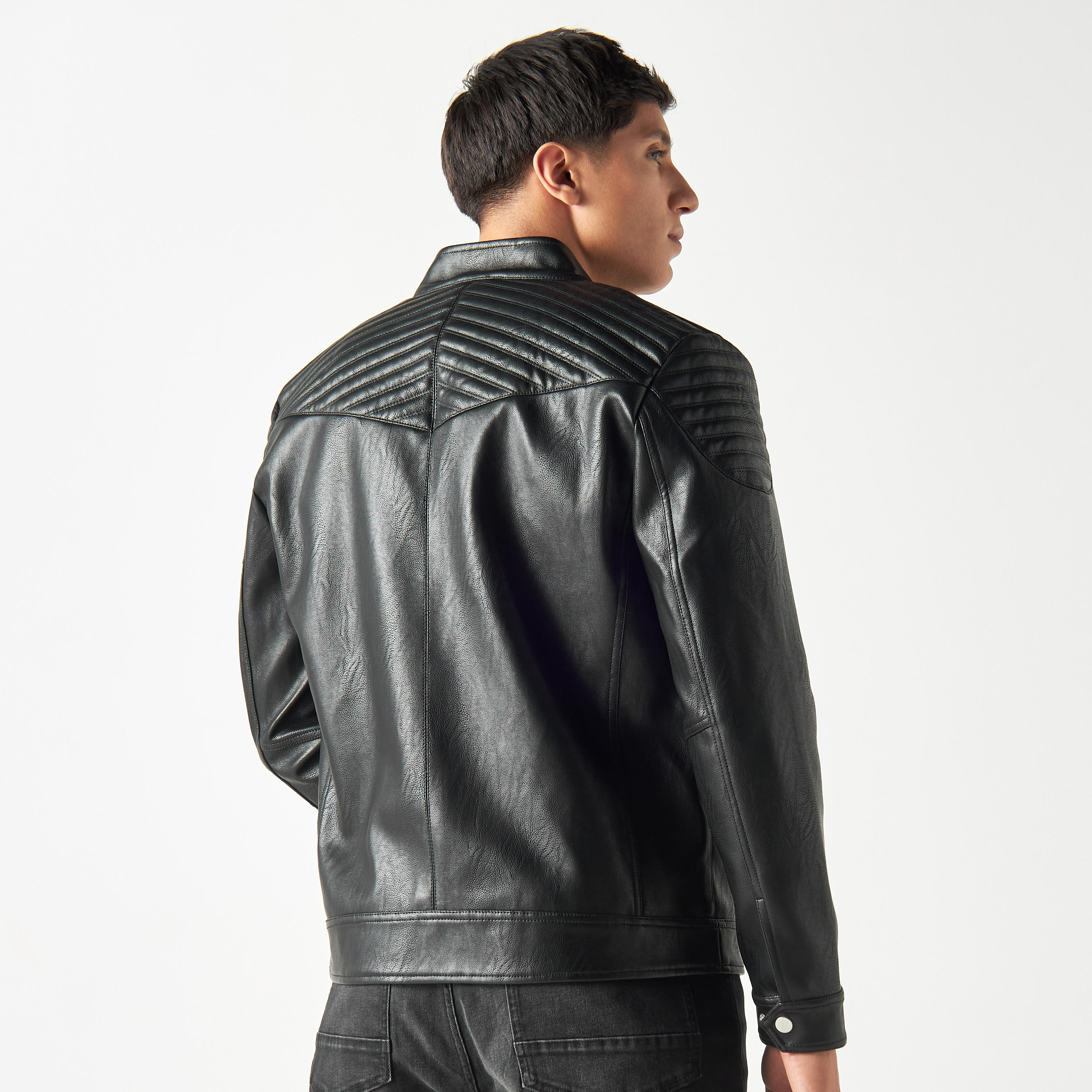Textured Zip Through Leather Biker Jacket with Long Sleeves-men-clothing-jacketsandblazers-jackets-image-3