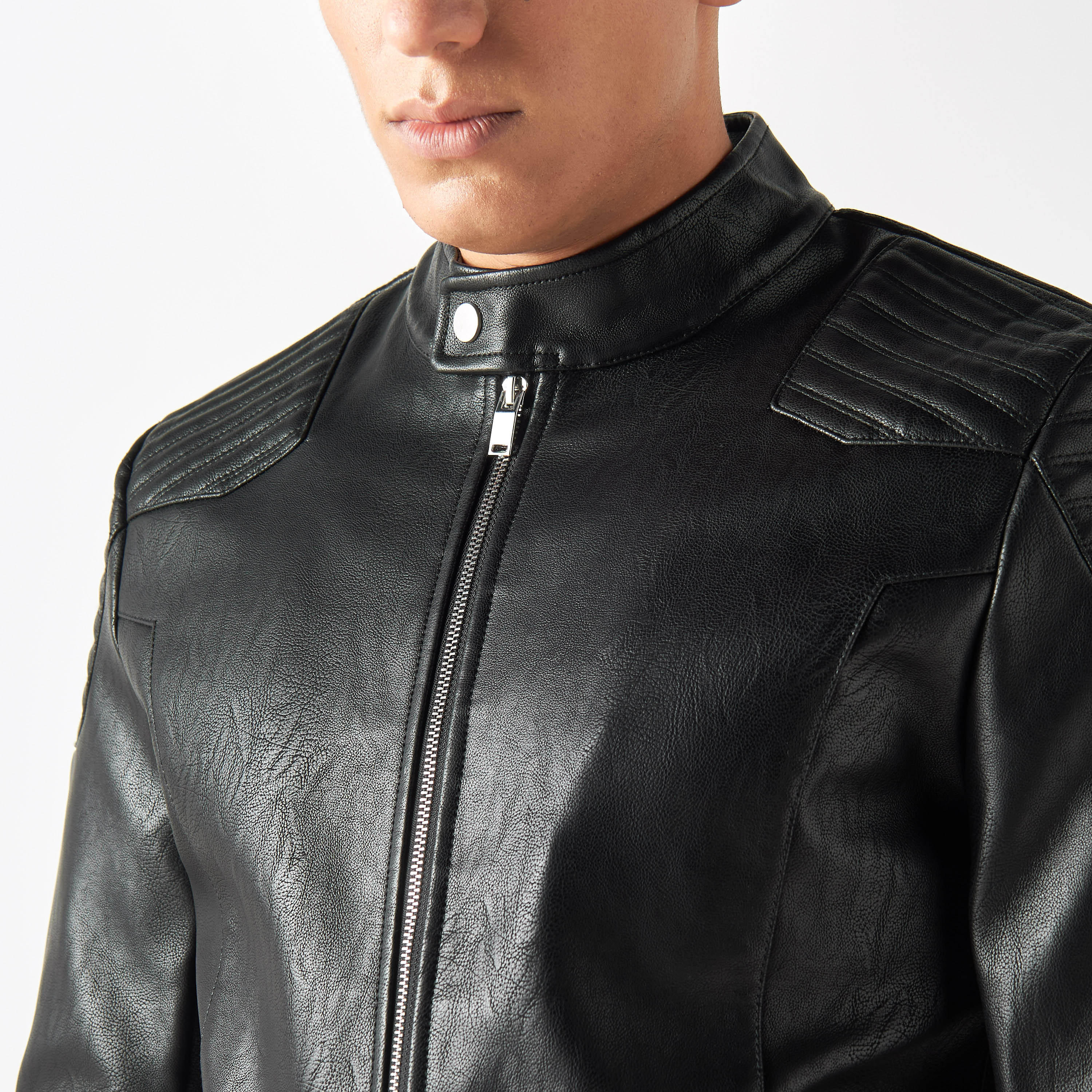 Textured Zip Through Leather Biker Jacket with Long Sleeves-men-clothing-jacketsandblazers-jackets-image-4
