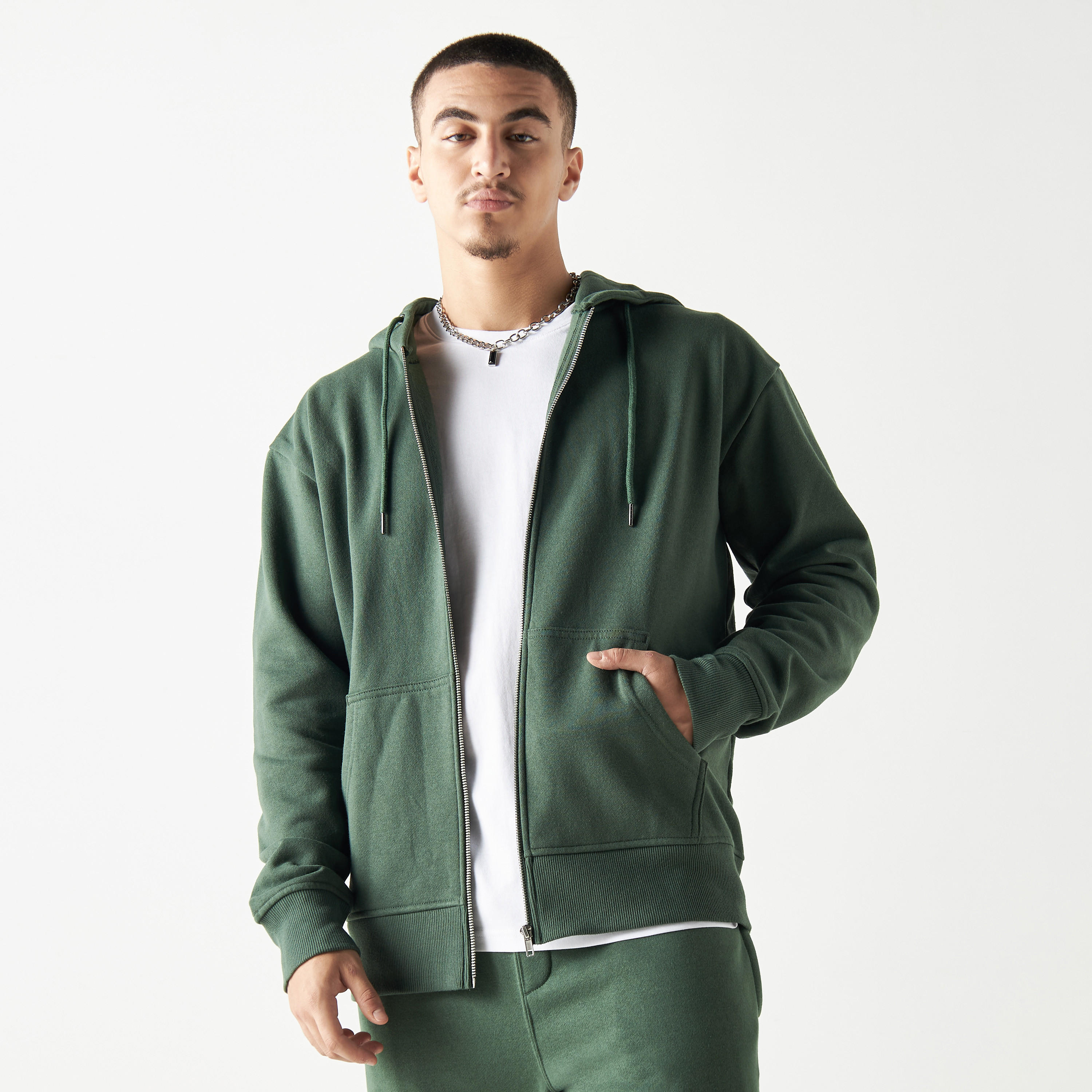 Solid Zip Through Hoodie with Long Sleeves and Kangaroo Pocket-men-winterwear-hoodiesandsweatshirts-image-1