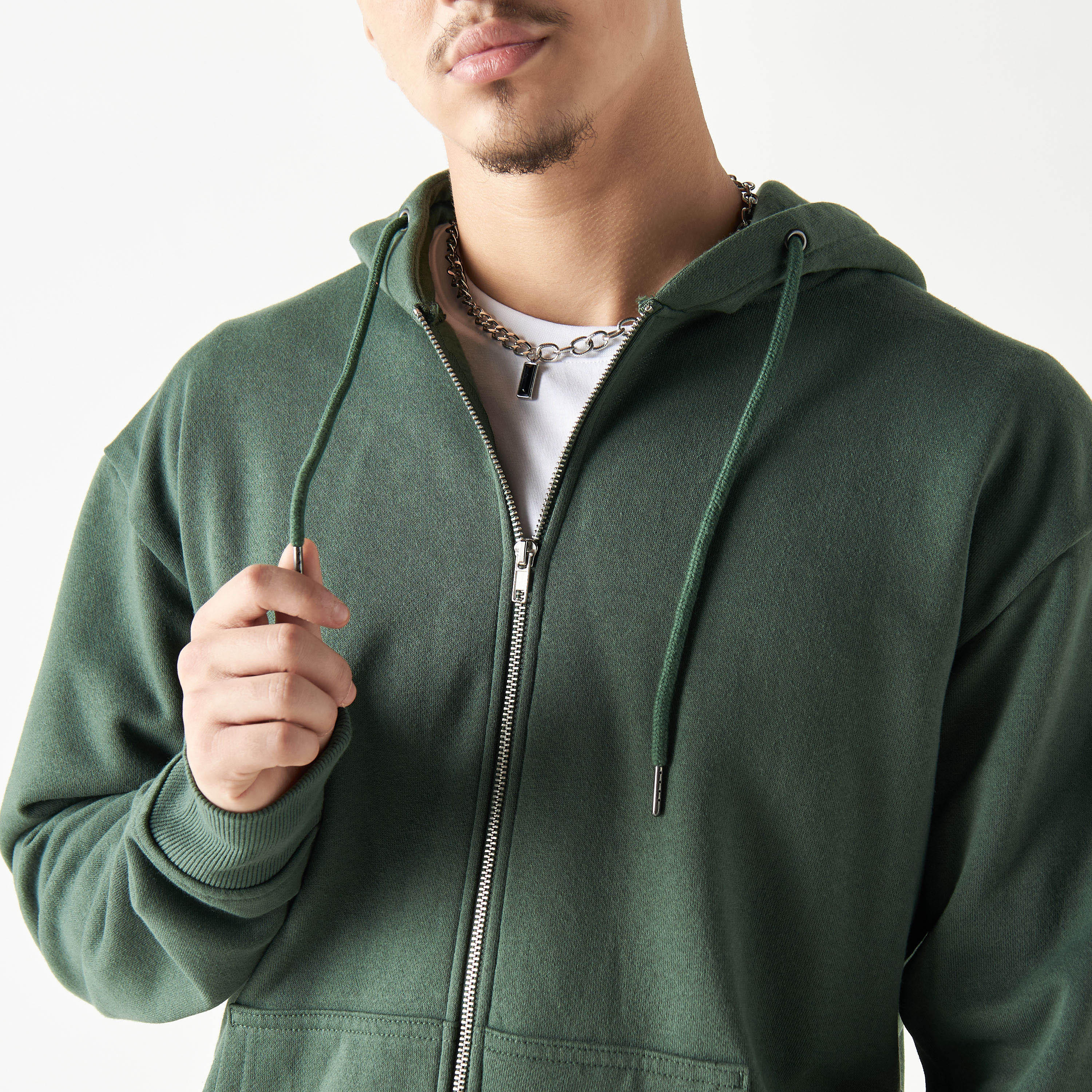 Solid Zip Through Hoodie with Long Sleeves and Kangaroo Pocket-men-winterwear-hoodiesandsweatshirts-image-4