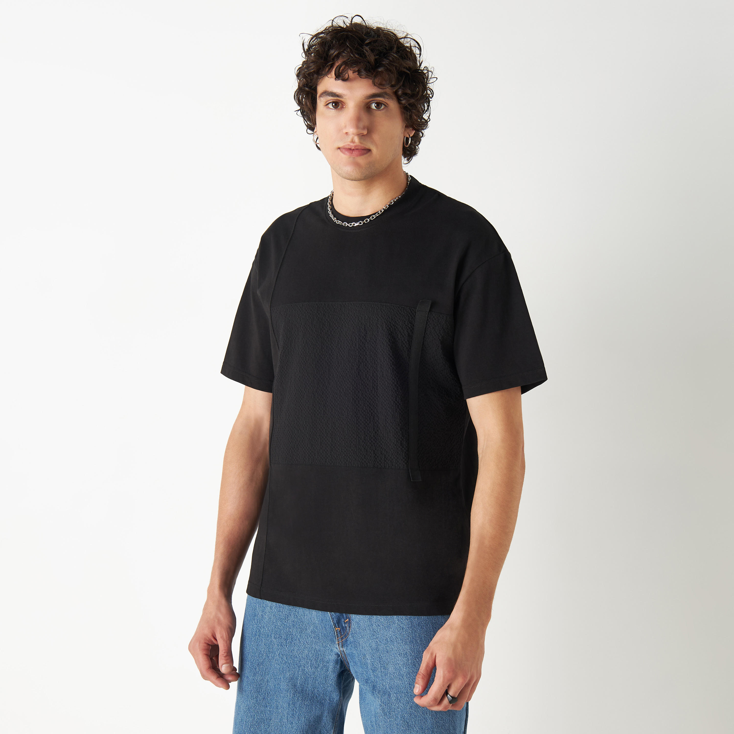 Textured Panel T-shirt with Crew Neck and Short Sleeves-men-clothing-tshirtsandpolos-tshirts-image-1