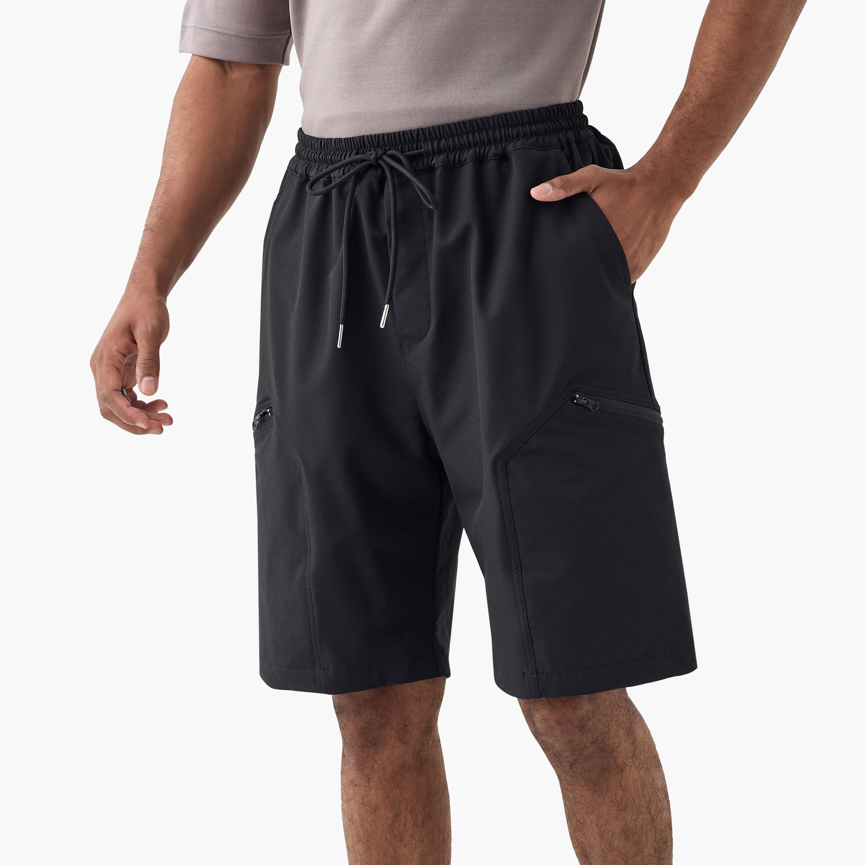 Panelled Flexi Waist Shorts with Pockets-men-clothing-bottoms-shorts-image-1