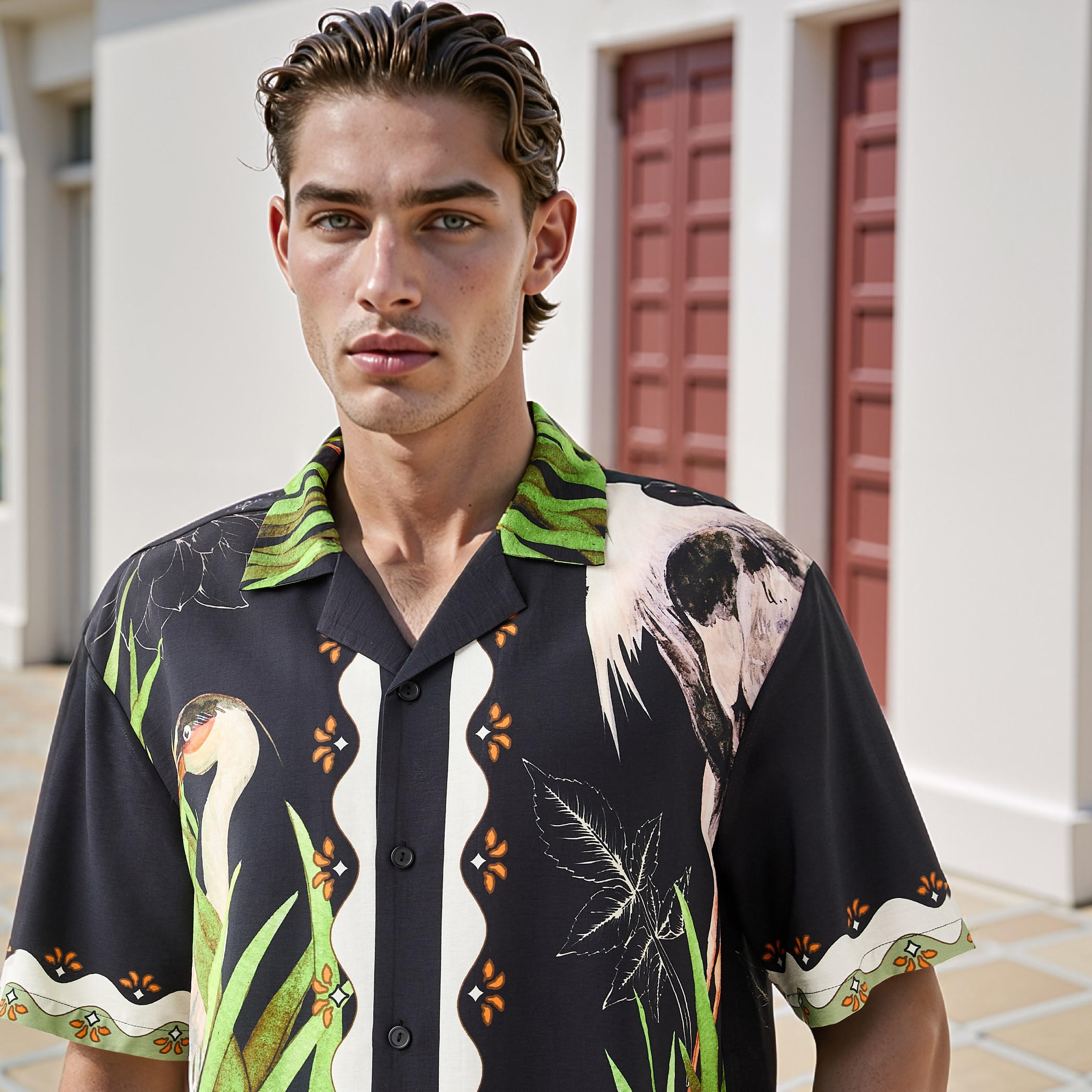 Relaxed Fit Graphic Print Shirt with Camp Collar and Short Sleeves-men-clothing-shirts-image-4