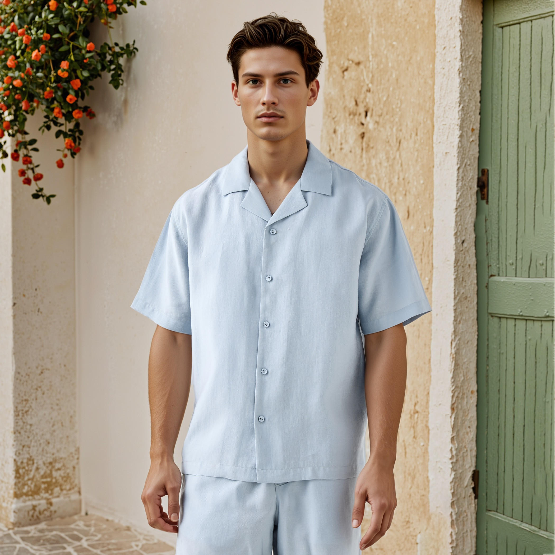 قميص بياقة كامب وقصة مريحة وأكمام قصيرة-men-clothing-shirts-image-1
