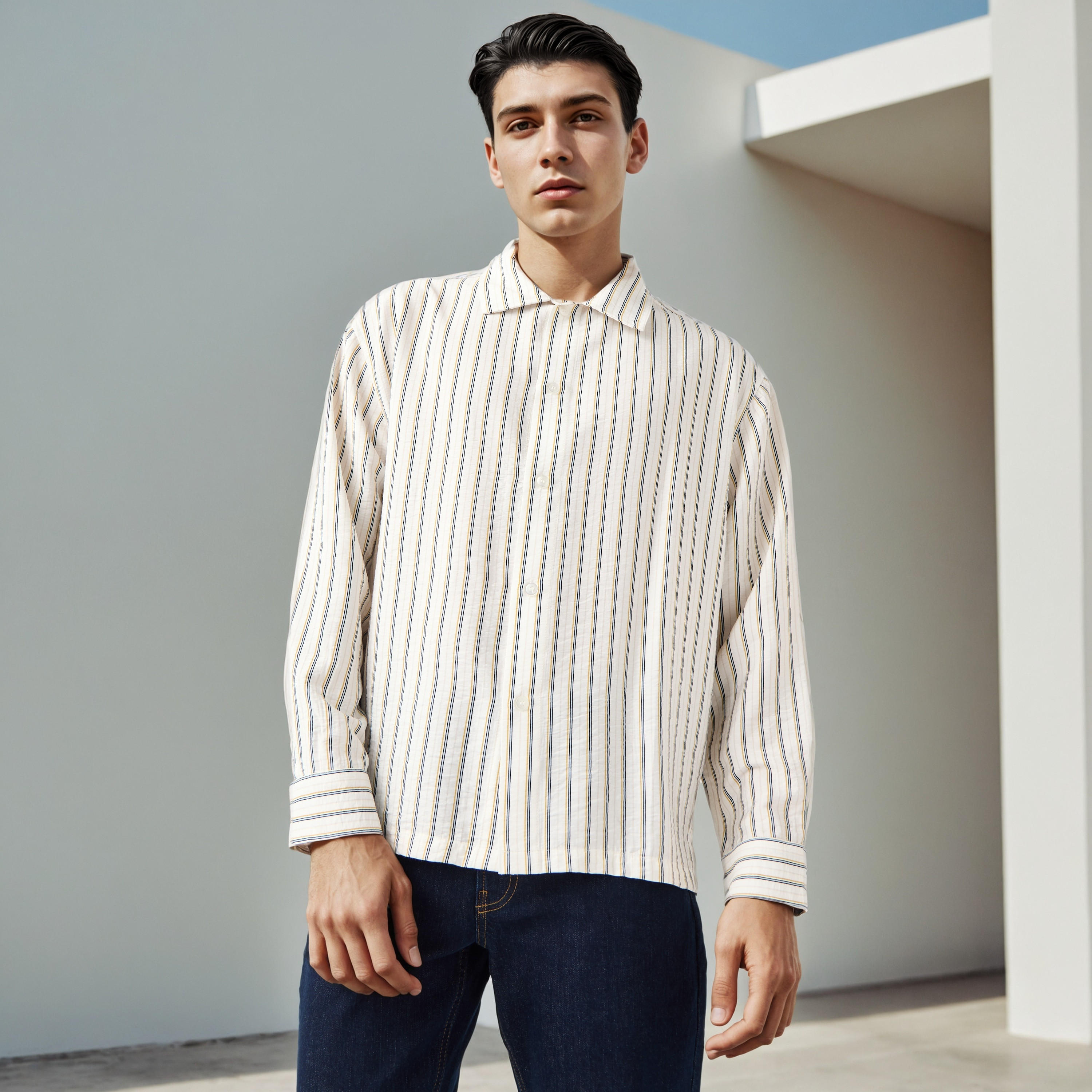 قميص مخطط بقصة مريحة وياقة عادية-men-clothing-shirts-image-1