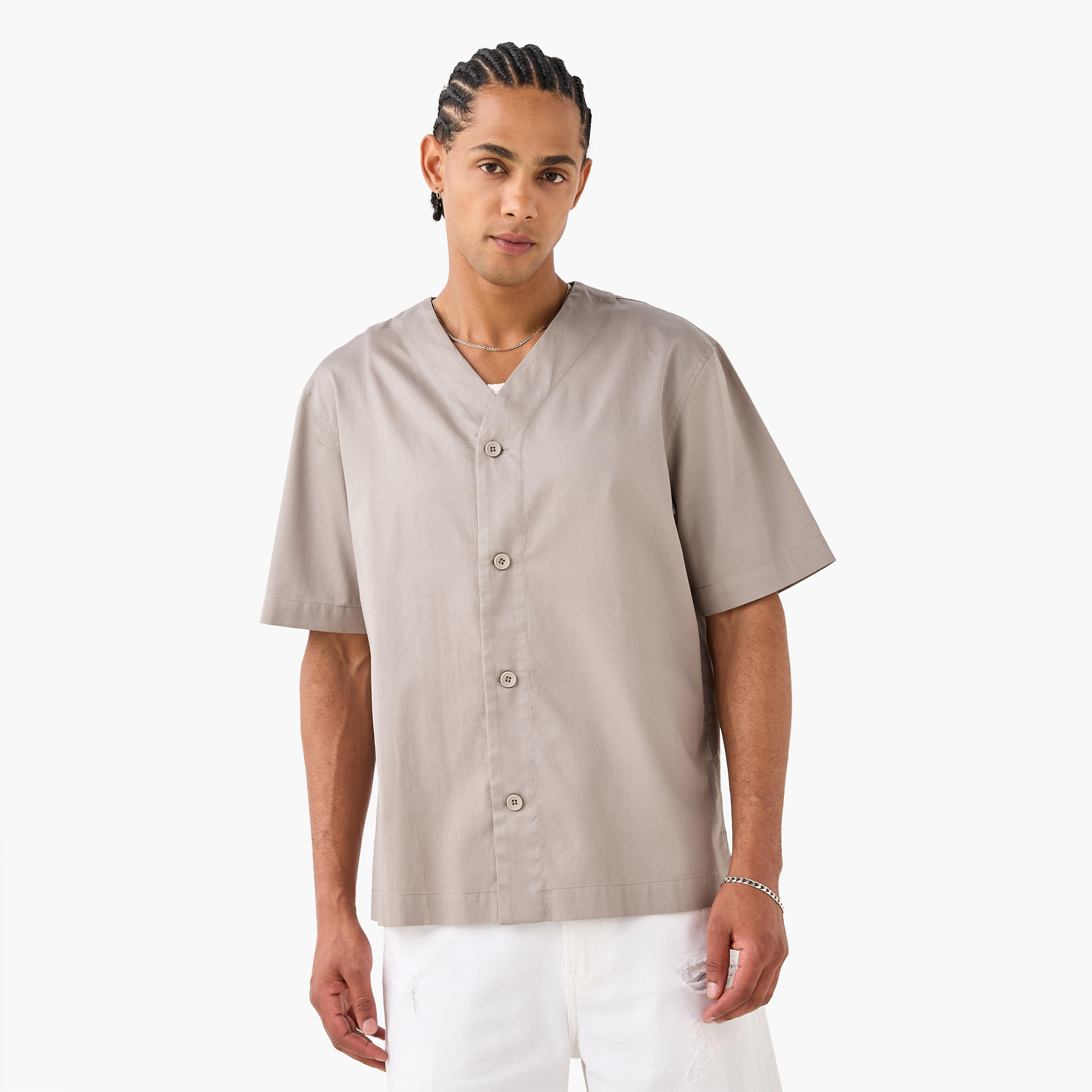 Poplin Baseball Shirt with Button Front-men-clothing-shirts-image-1