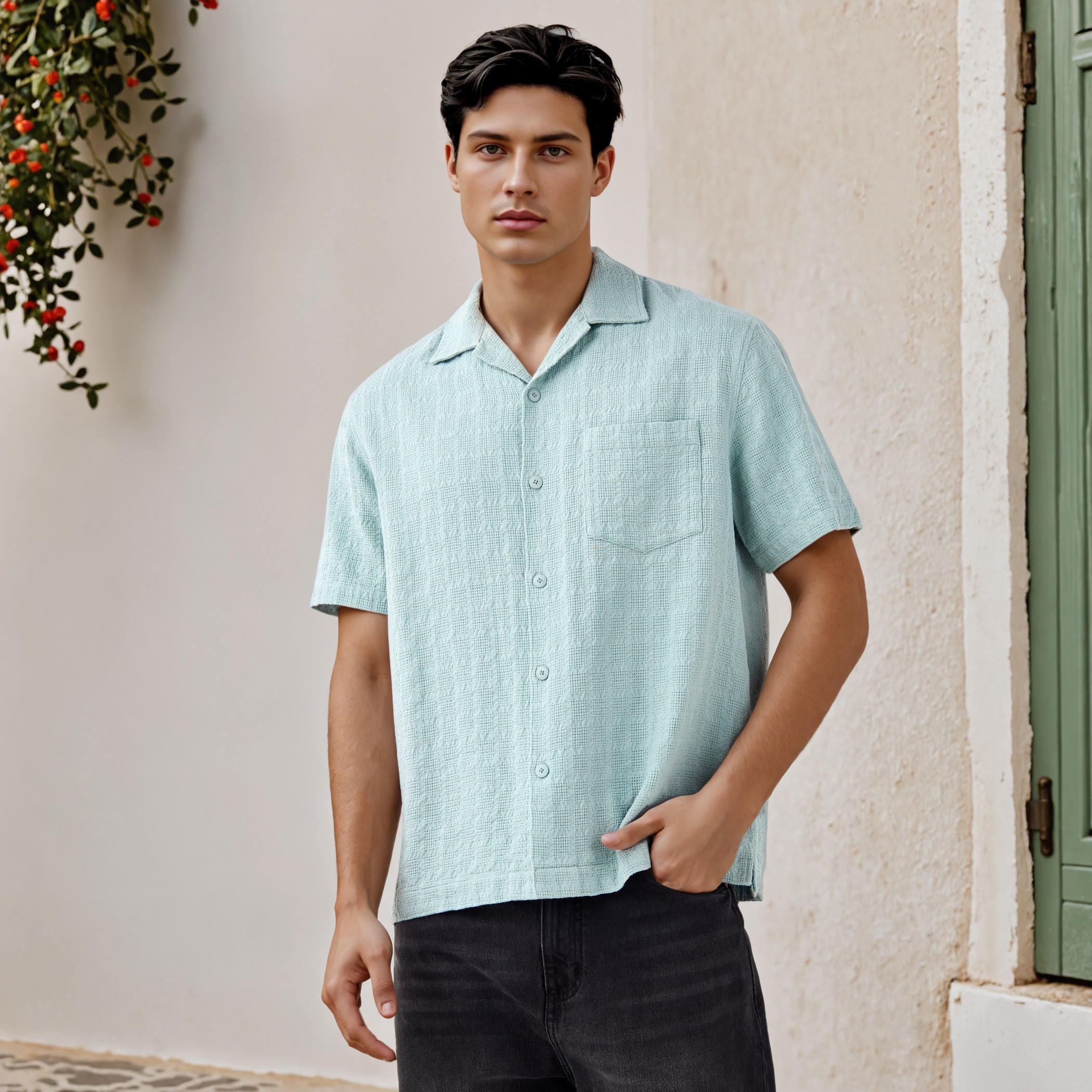 قميص بارز الملمس بياقة وقصة مريحة-men-clothing-shirts-image-1