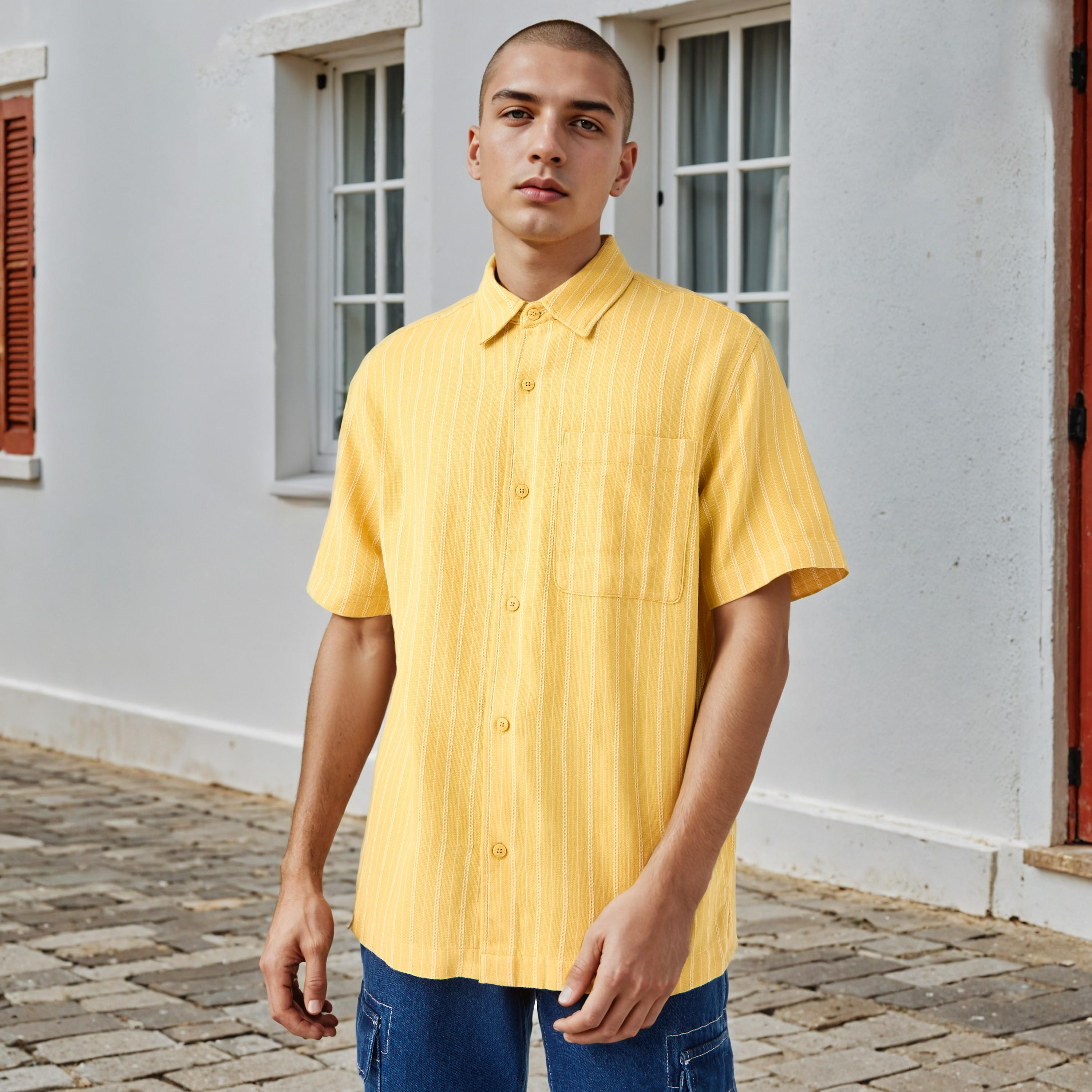 قميص مخطط بقصة مريحة وأكمام قصيرة وياقة عادية-men-clothing-shirts-image-1