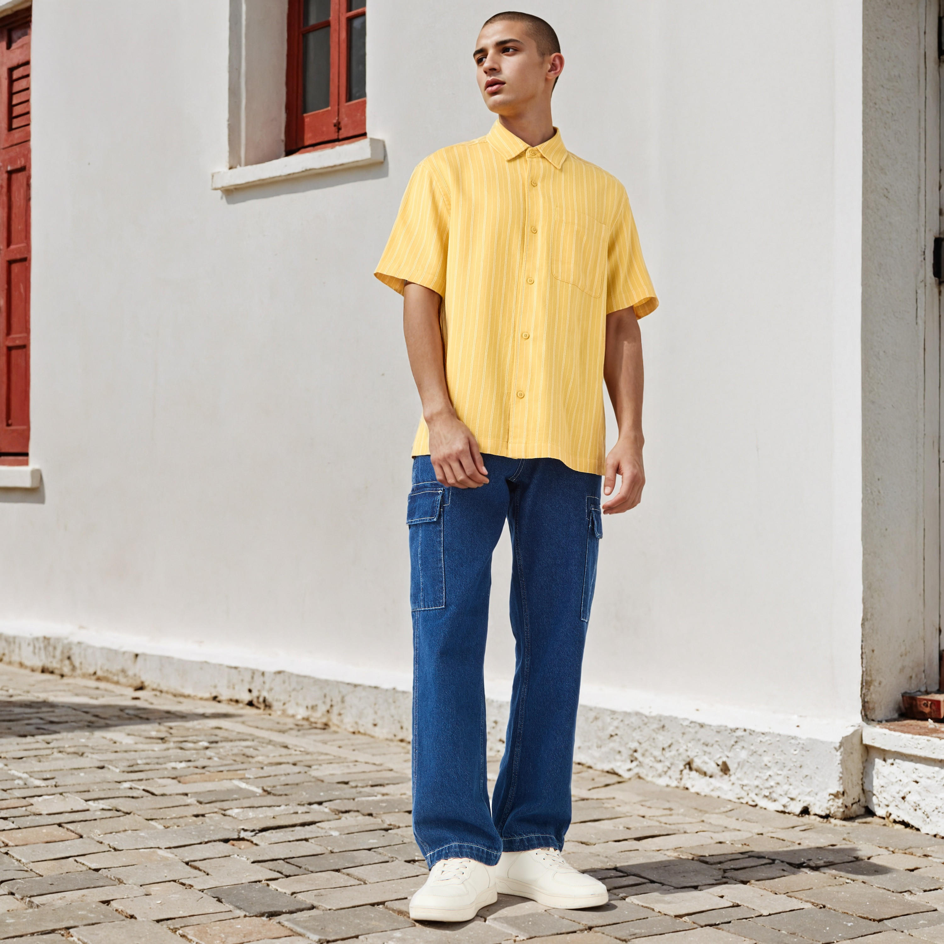 قميص مخطط بقصة مريحة وأكمام قصيرة وياقة عادية-men-clothing-shirts-image-2