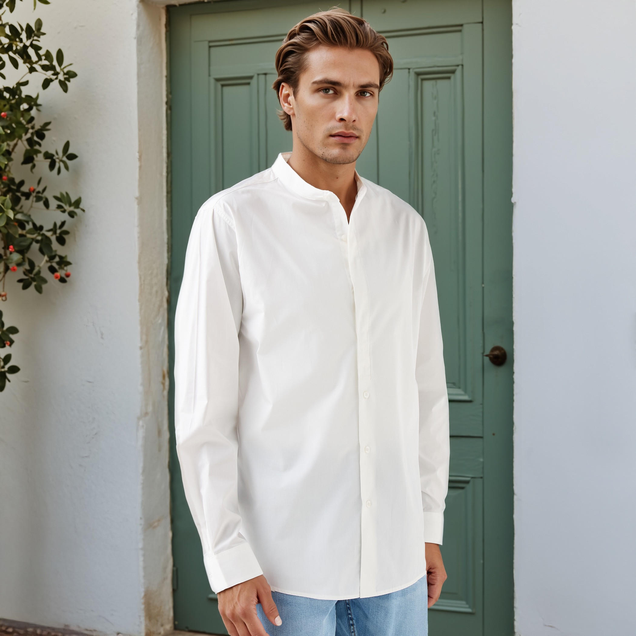 Relaxed Fit Mandarin Collar Shirt-men-clothing-shirts-image-1