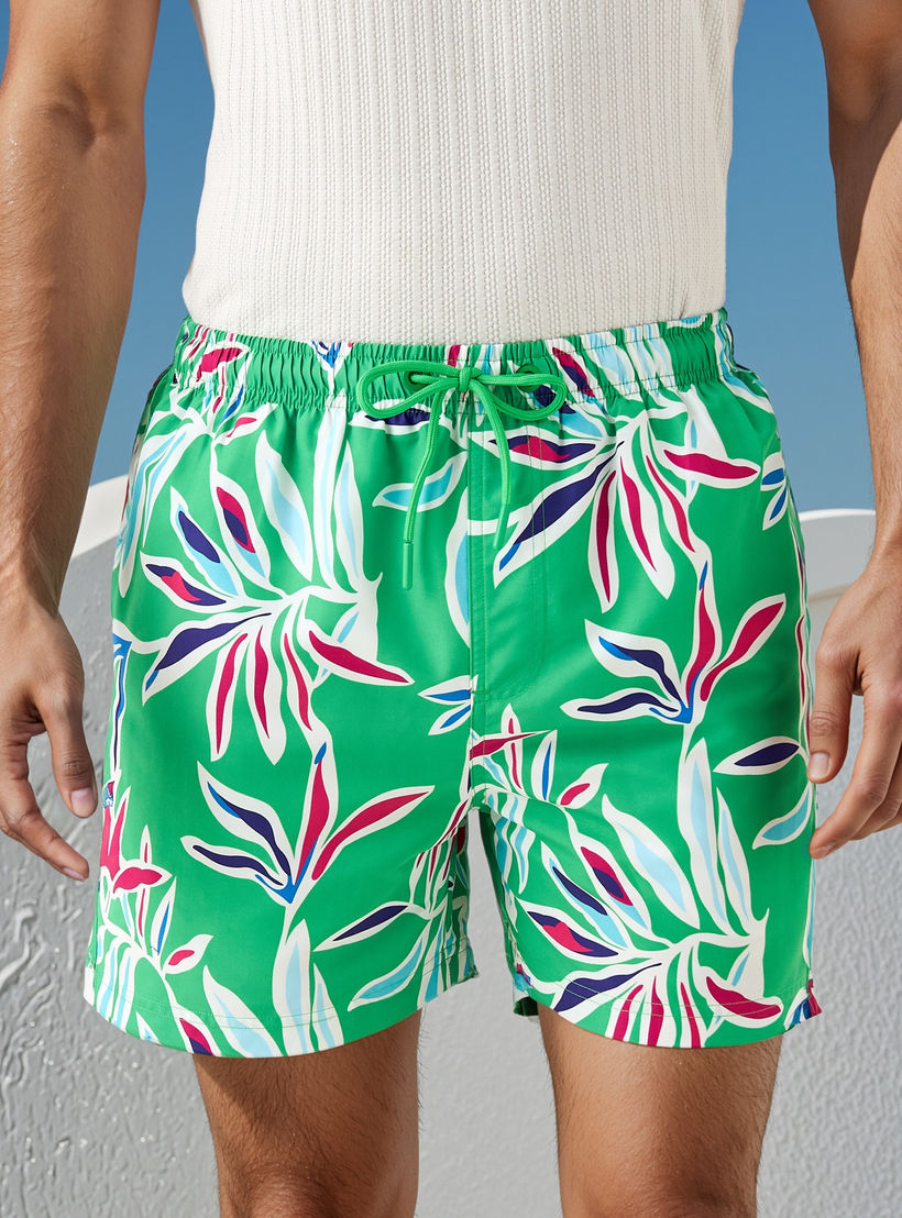 شورت سباحة بطبعات أوراق شجر مع رباط إغلاق-sports-men-clothing-swimwear-image-1