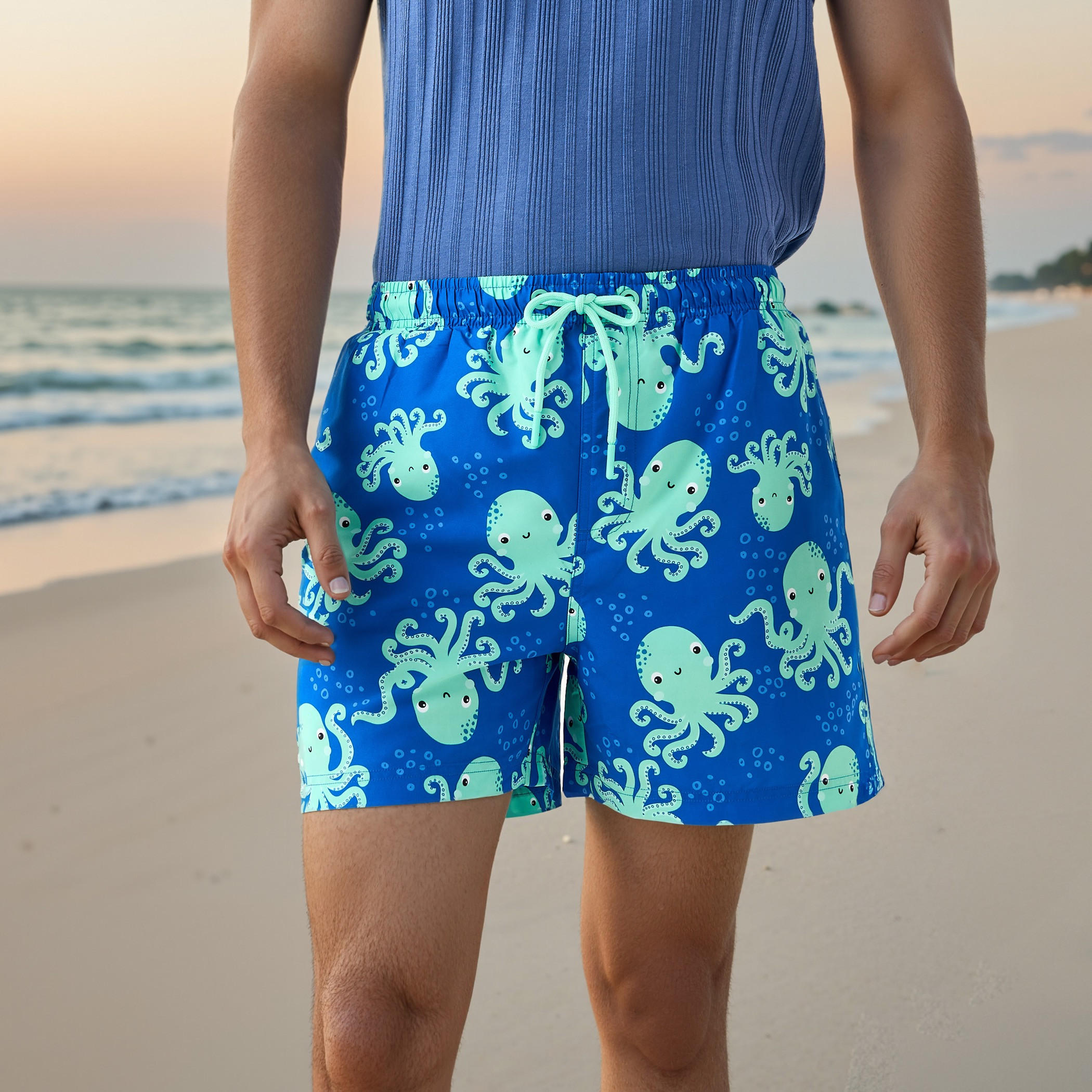 All-Over Octopus Print Drawstring Closure and Pockets-sports-men-clothing-swimwear-image-1