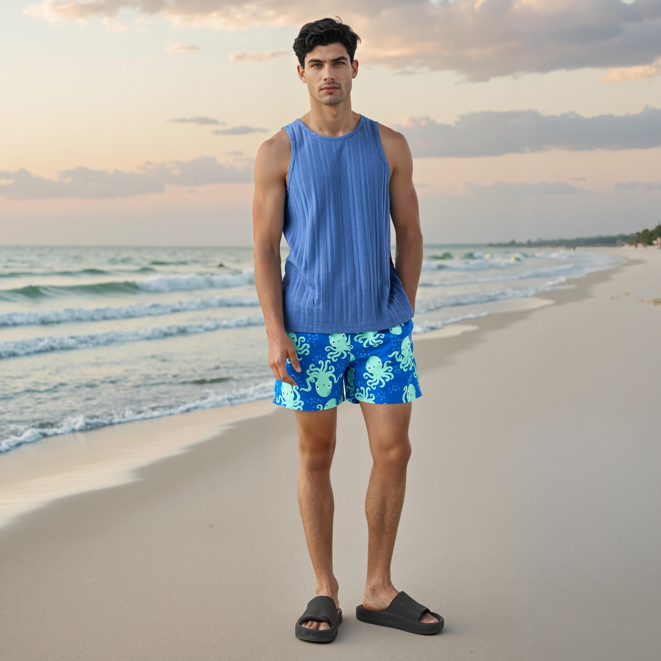 All-Over Octopus Print Drawstring Closure and Pockets-sports-men-clothing-swimwear-image-2