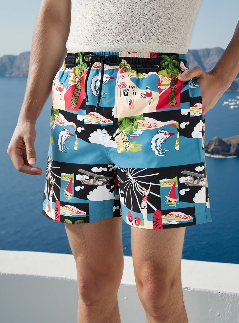 Graphic Print Swim Shorts with Pockets-sports-men-clothing-swimwear-image-1