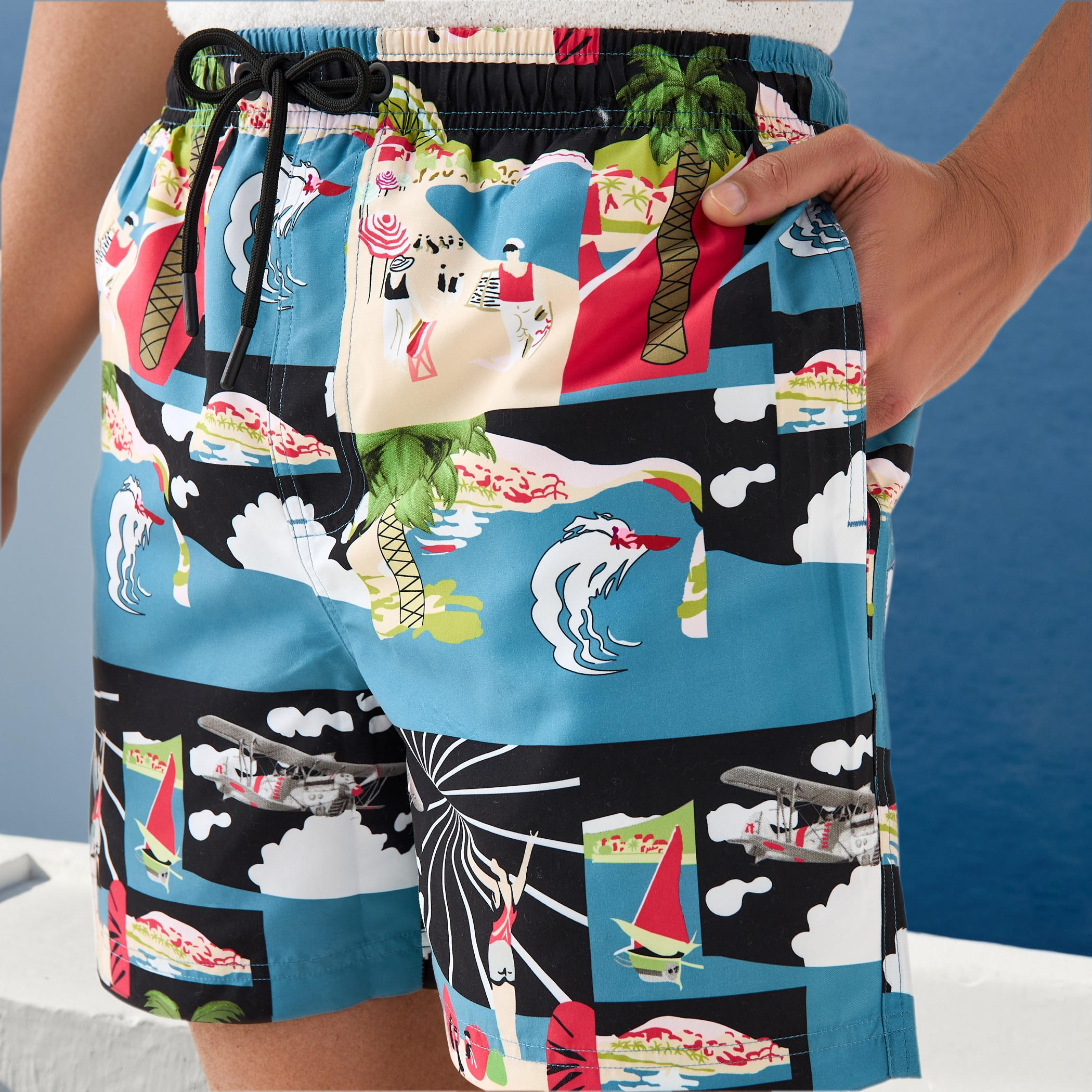 Graphic Print Swim Shorts with Pockets-sports-men-clothing-swimwear-image-4