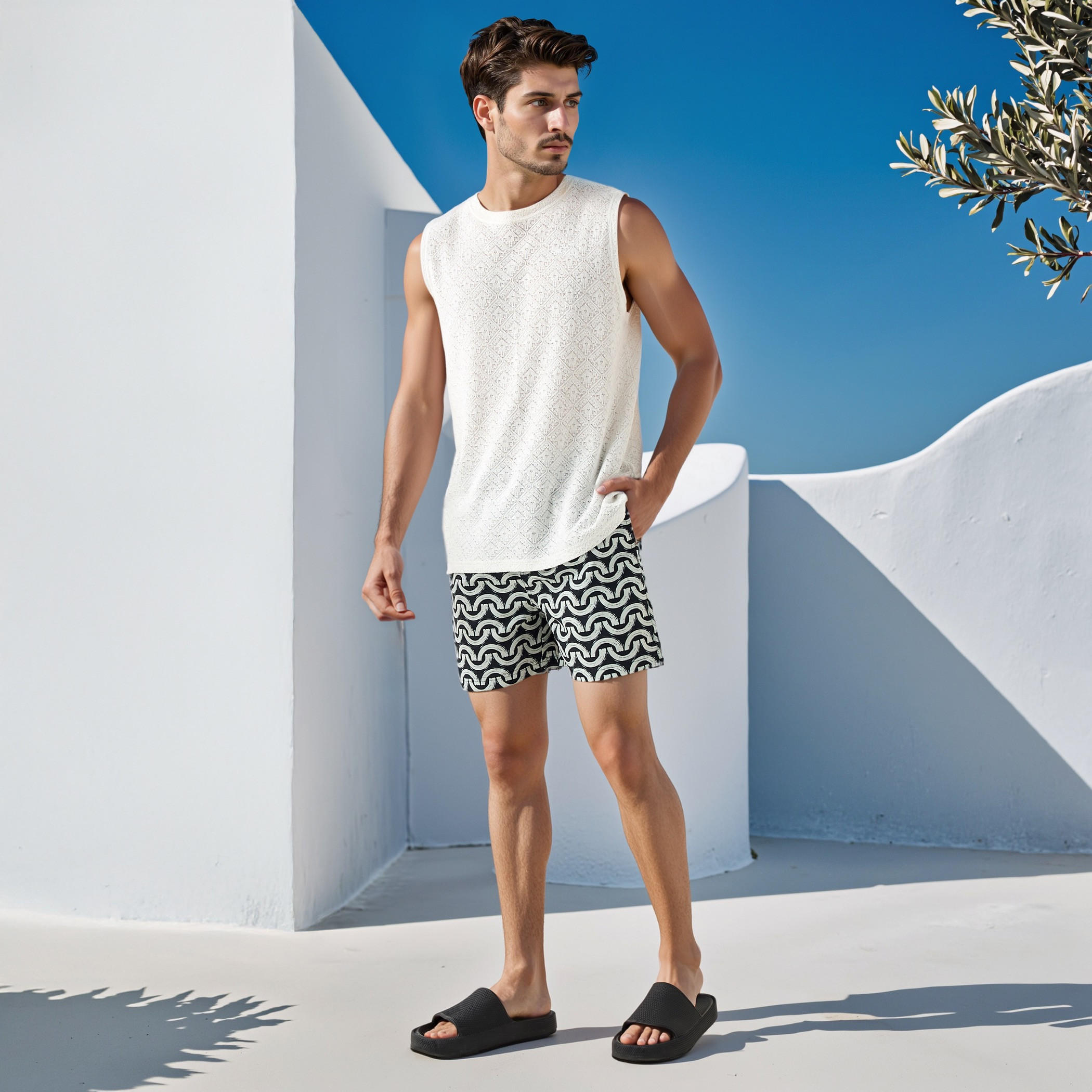 Abstract Print Swim Shorts with Pockets-sports-men-clothing-swimwear-image-2