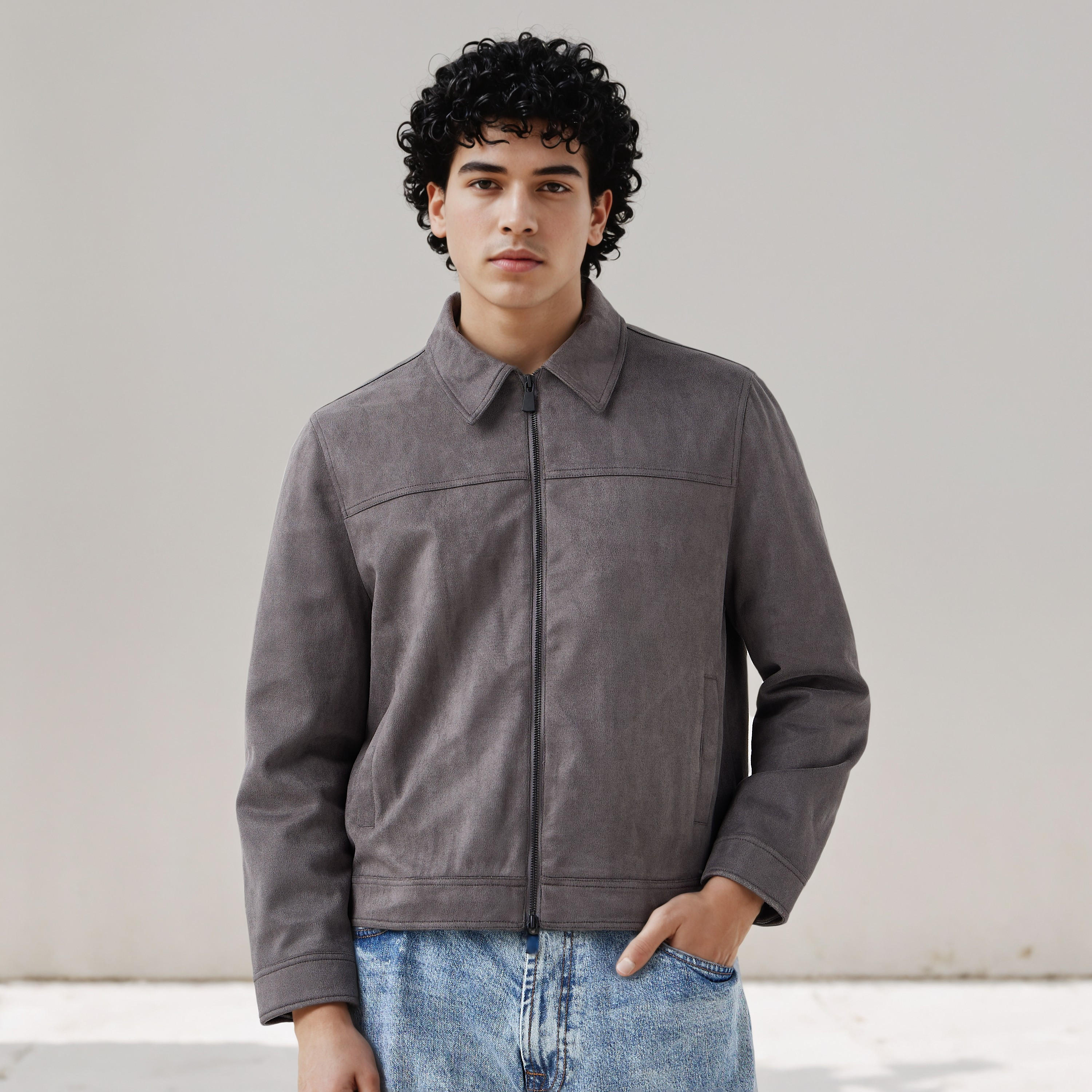 جاكيت تراكر جلد سويدي بقصة عادية للرجال-men-clothing-jacketsandblazers-jackets-image-1