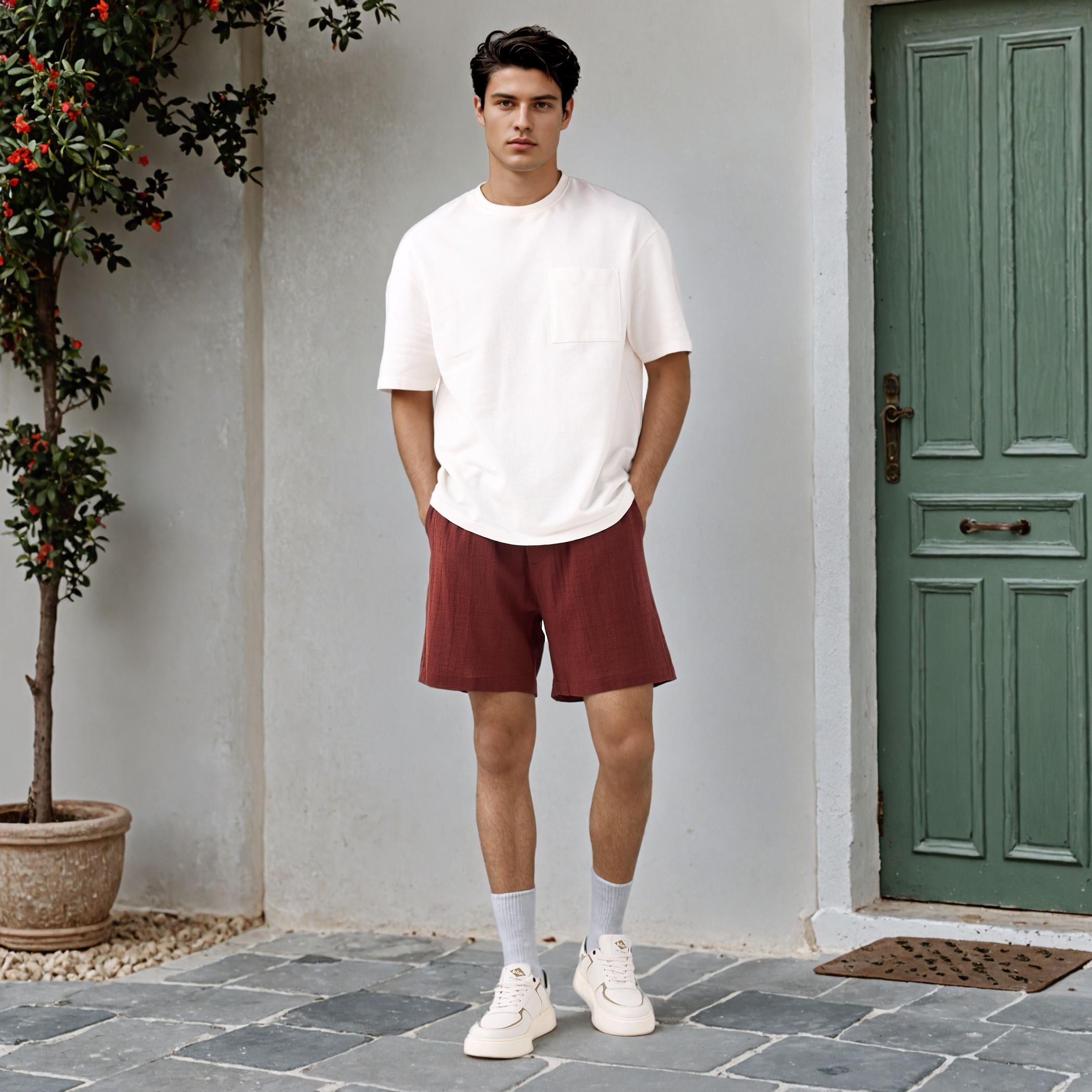 Jacquard Textured Regular Fit Linen Blend Shorts with Pockets-men-clothing-bottoms-shorts-image-2