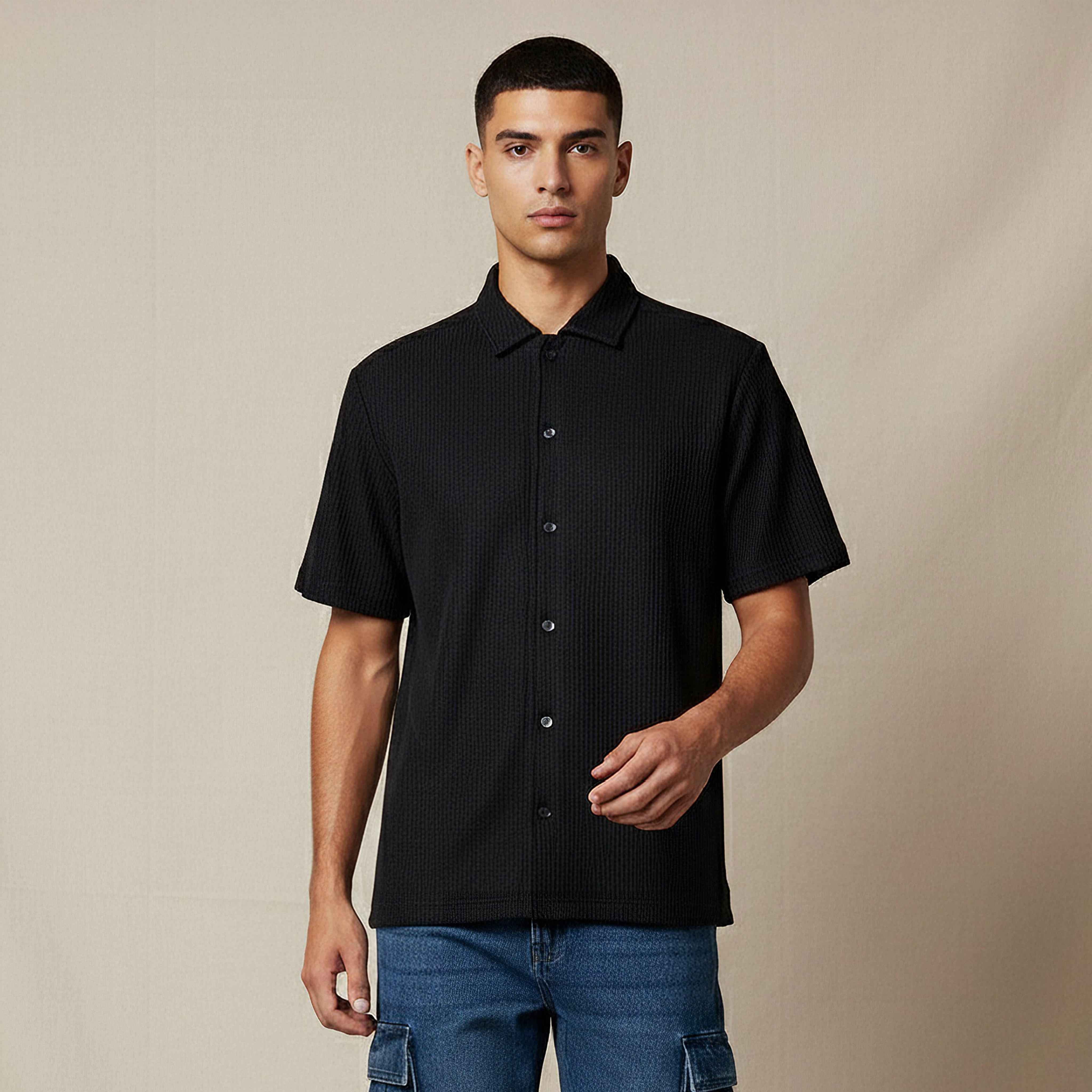 Men Regular Fit Crew Neck Short Sleeve Textured Shirt-men-clothing-tshirtsandpolos-tshirts-image-1