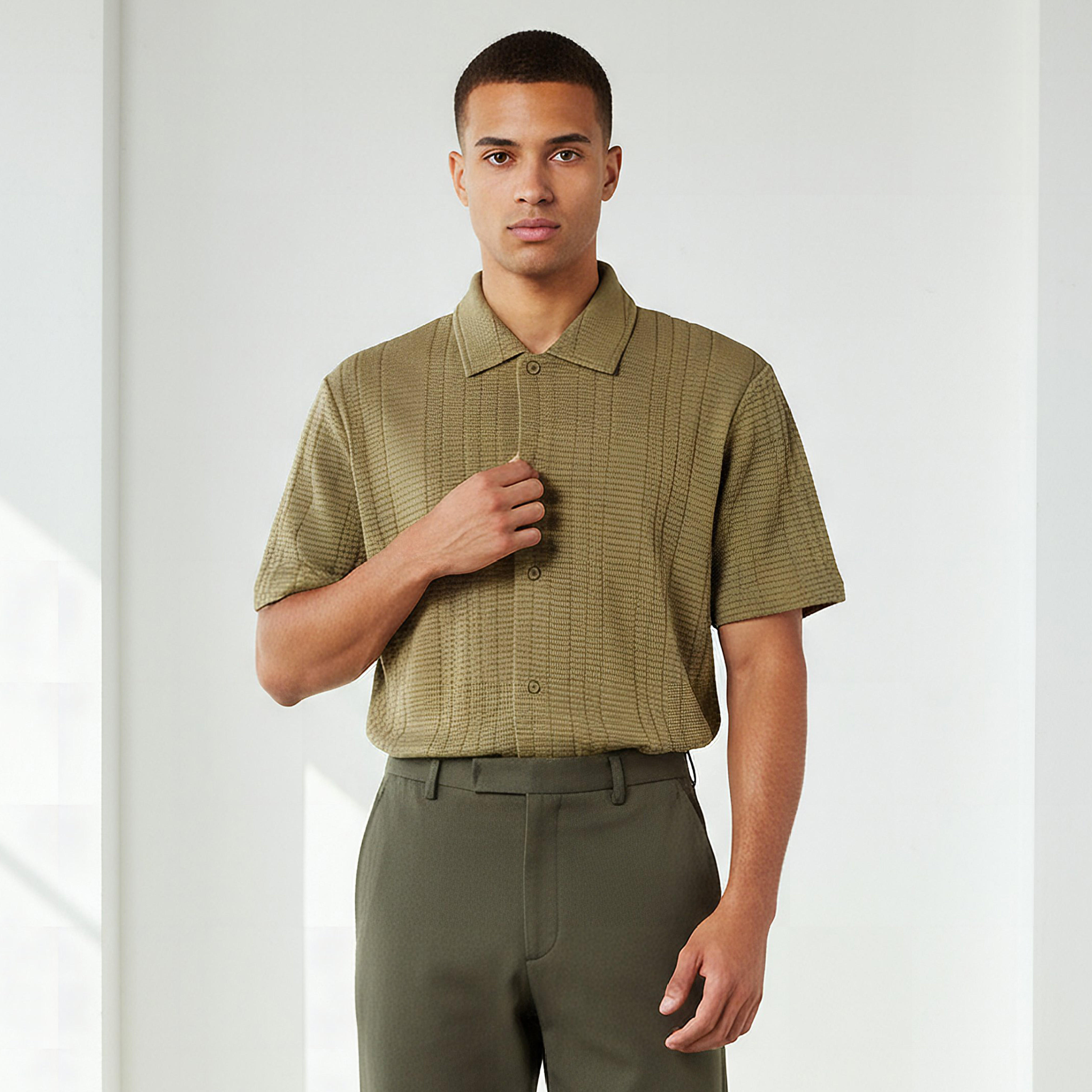 Men Regular Fit Collared Textured Short Sleeves Shirt-men-clothing-shirts-image-1