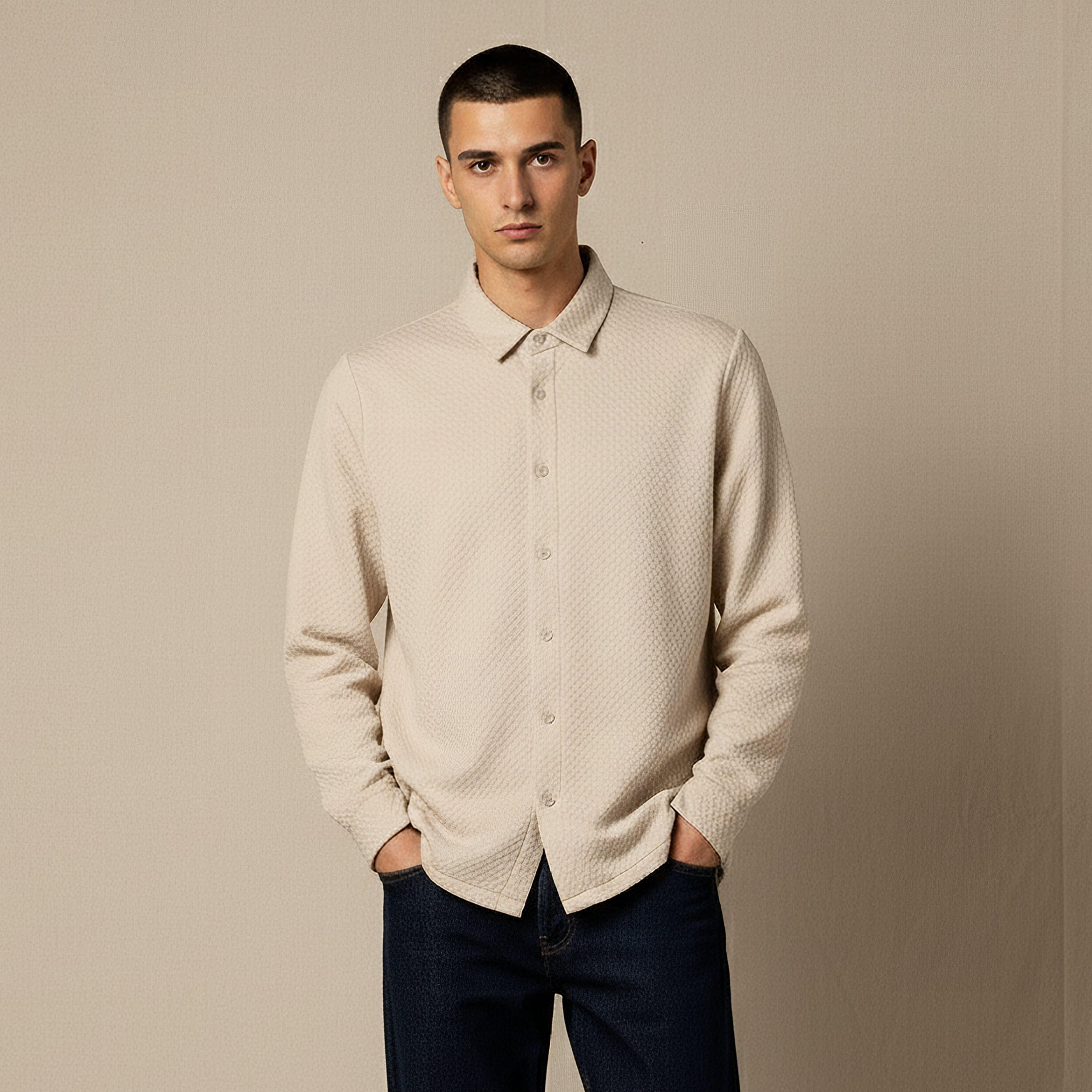 Men Regular Fit Collared Jacquard Textured Long Sleeve Shirt-men-clothing-shirts-image-1