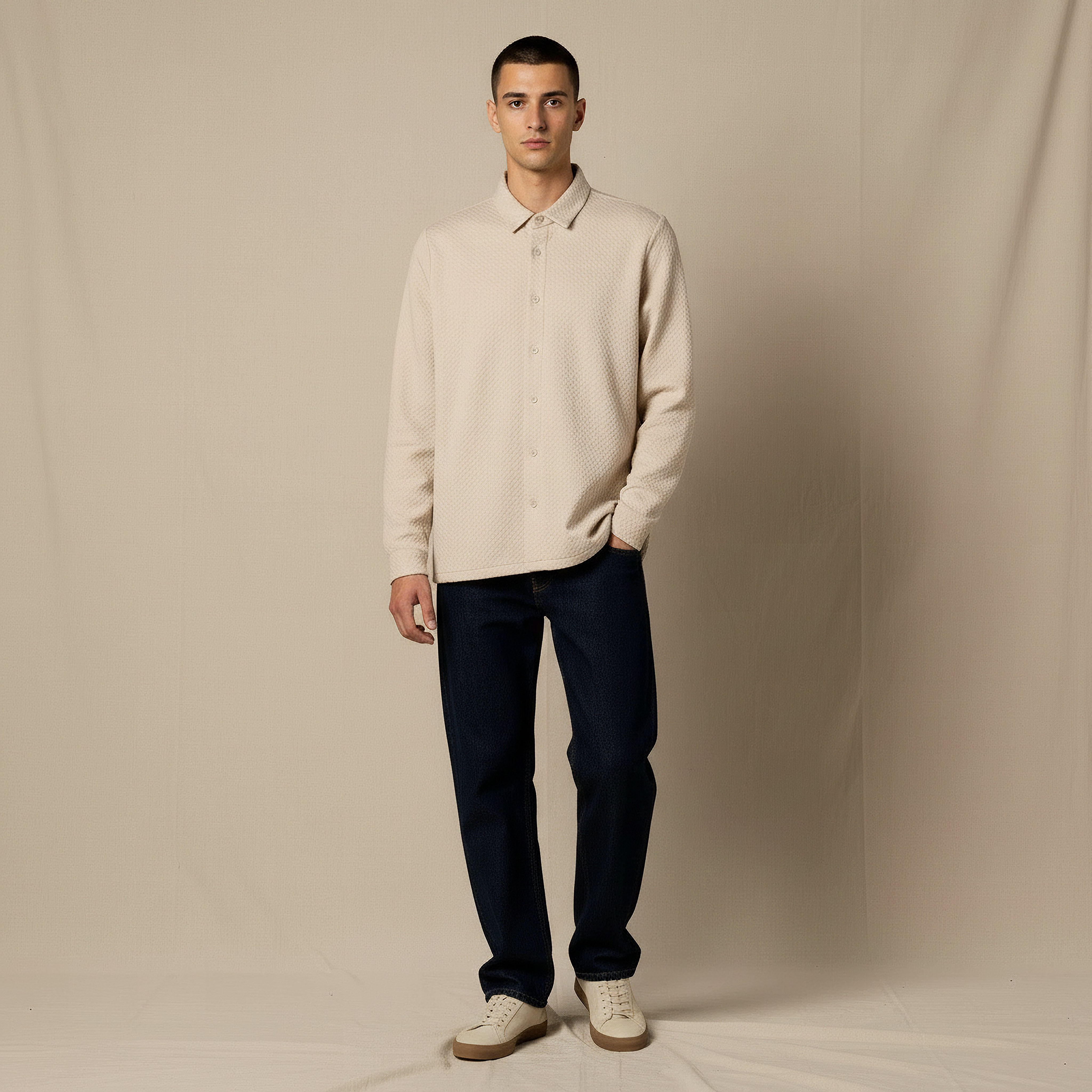 Men Regular Fit Collared Jacquard Textured Long Sleeve Shirt-men-clothing-shirts-image-2