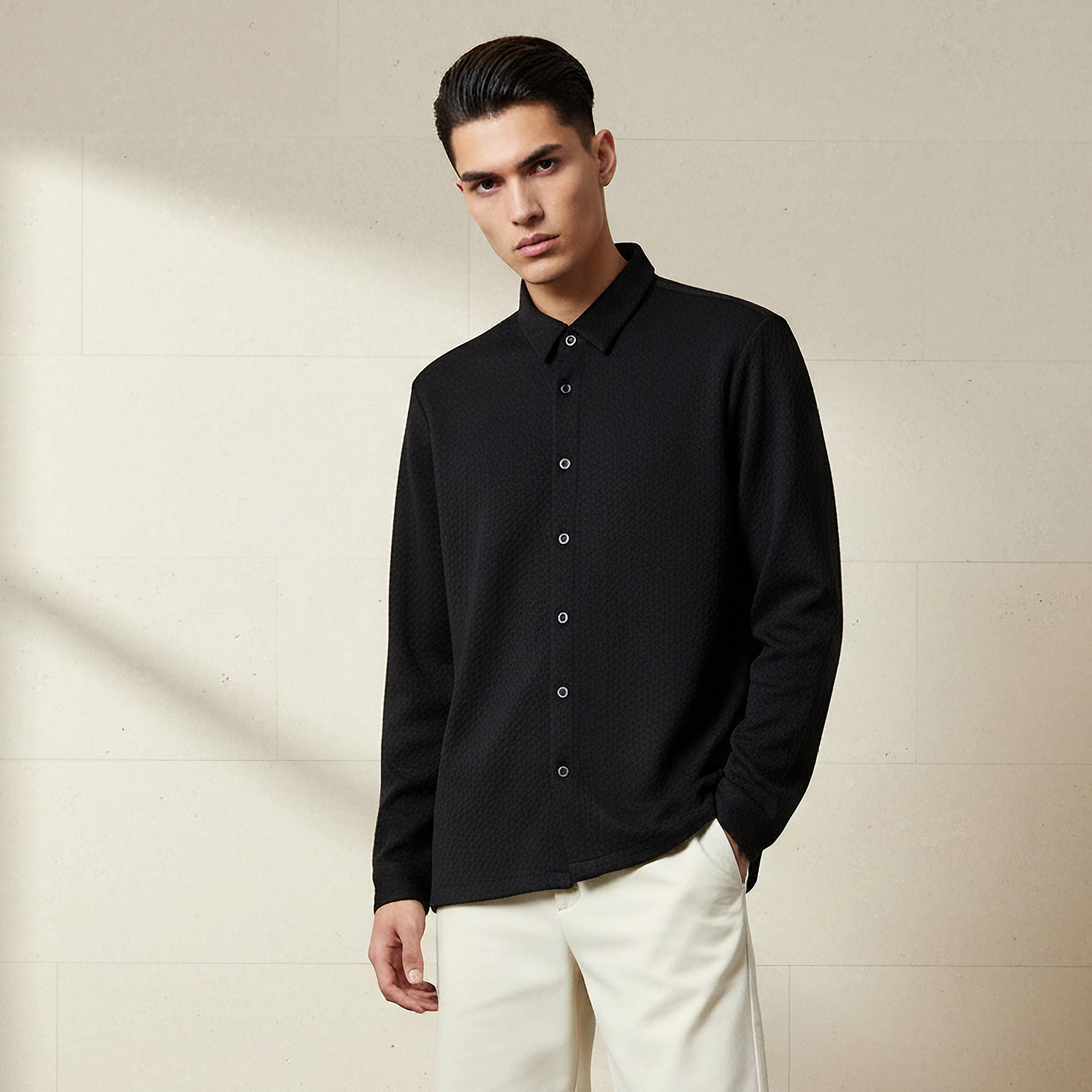 Men Regular Fit Collared Jacquard Textured Long Sleeve Shirt-men-clothing-shirts-image-1