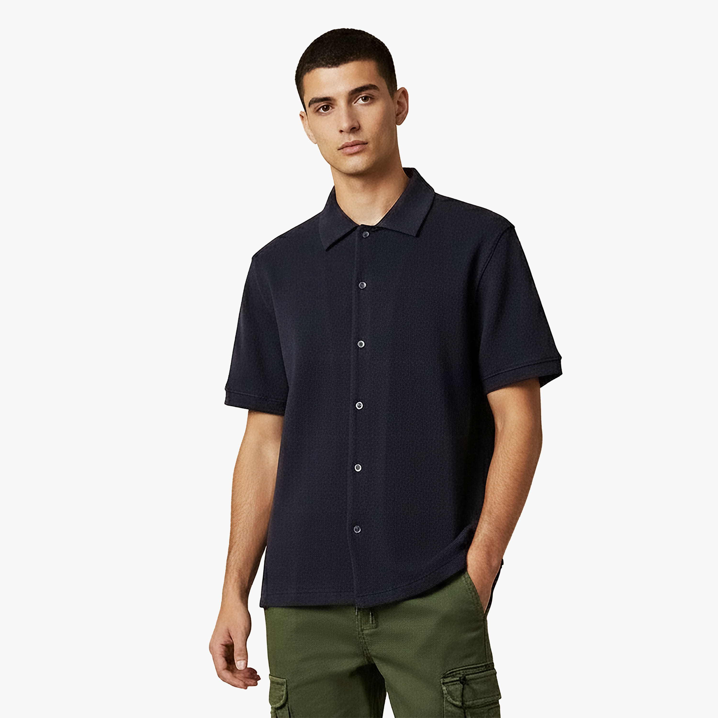 Men Regular Fit Collared Waffle Textured Short Sleeve Shirt-men-clothing-shirts-image-3