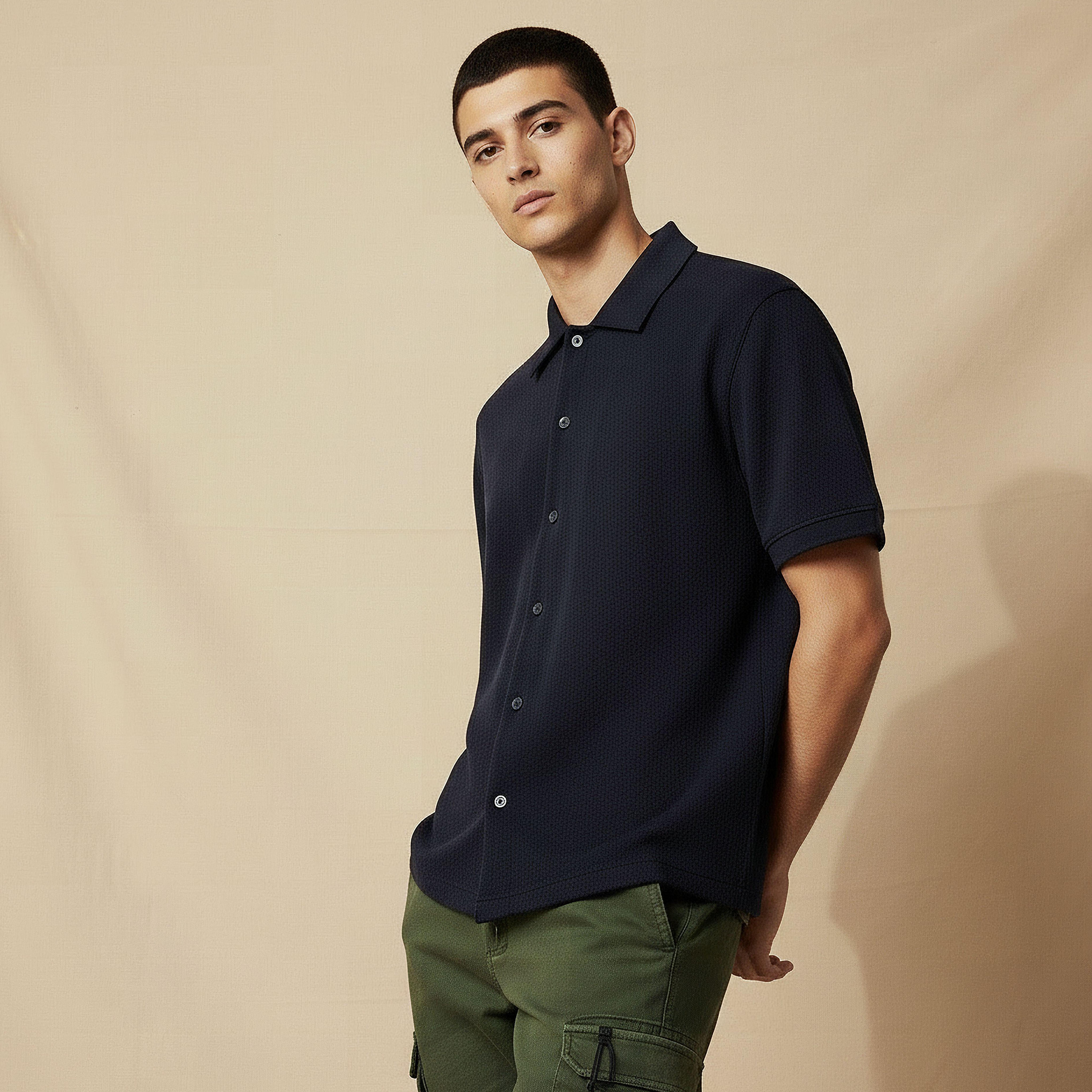 Men Regular Fit Collared Waffle Textured Short Sleeve Shirt-men-clothing-shirts-image-1