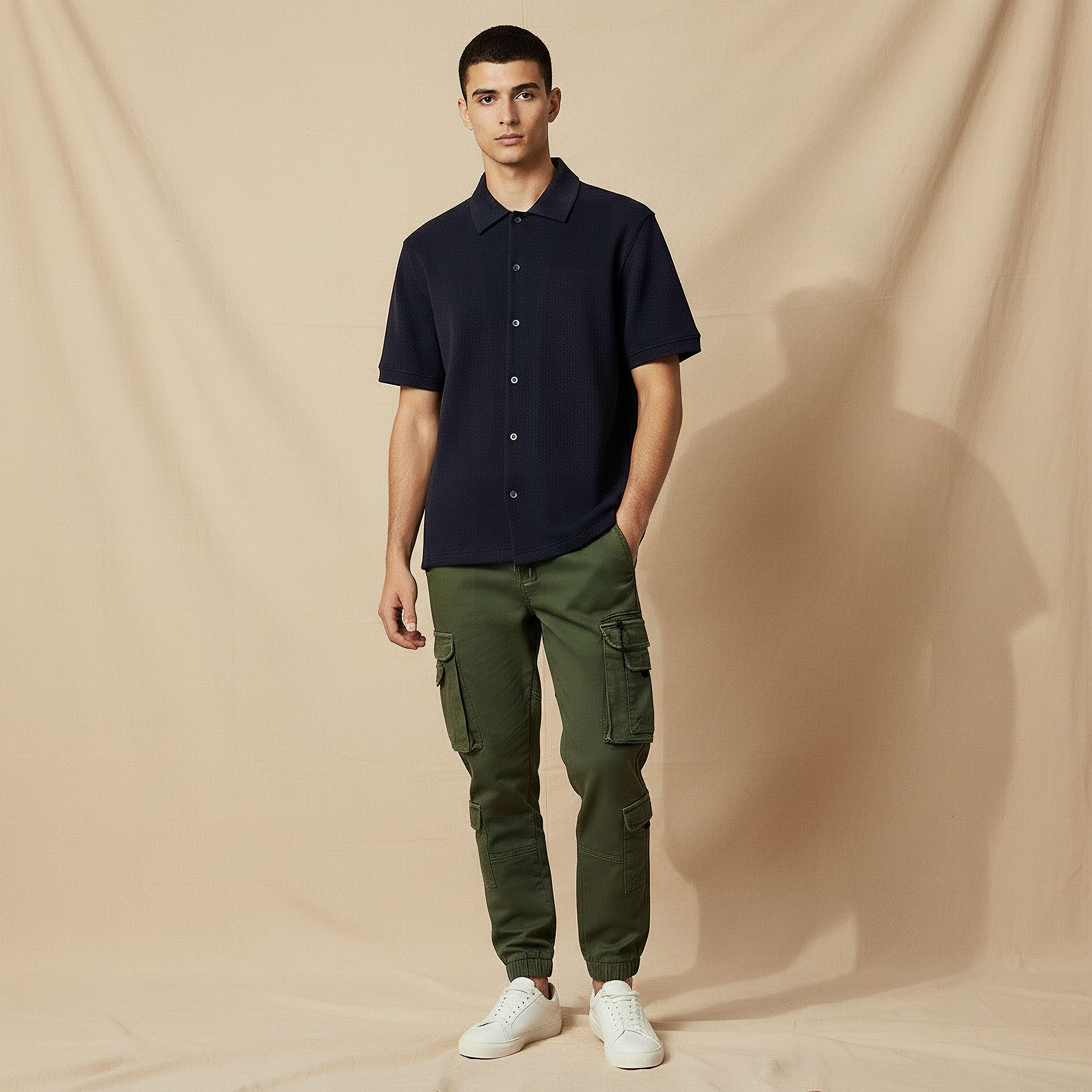 Men Regular Fit Collared Waffle Textured Short Sleeve Shirt-men-clothing-shirts-image-2