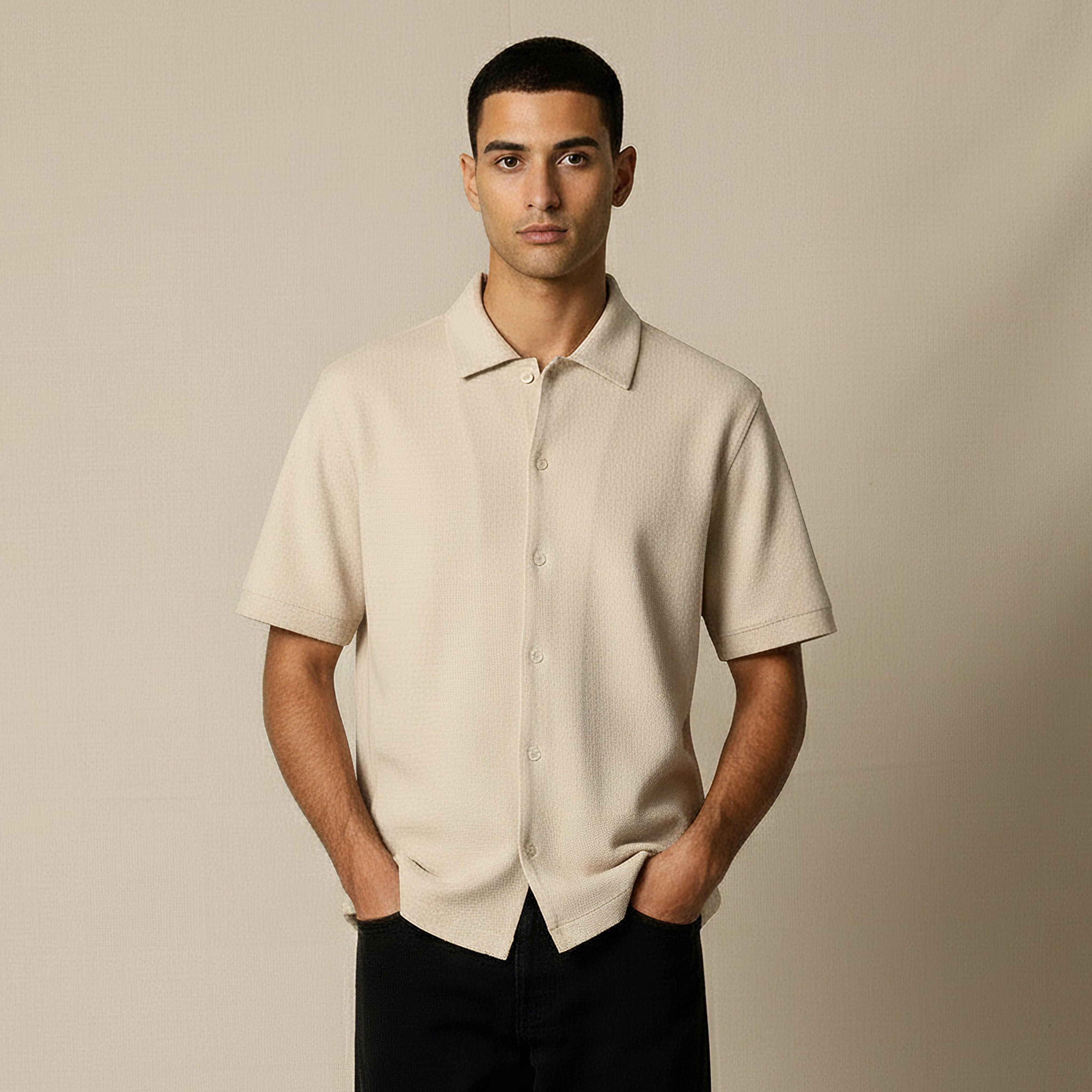 Men Regular Fit Collared Waffle Textured Short Sleeve Shirt-men-clothing-shirts-image-1
