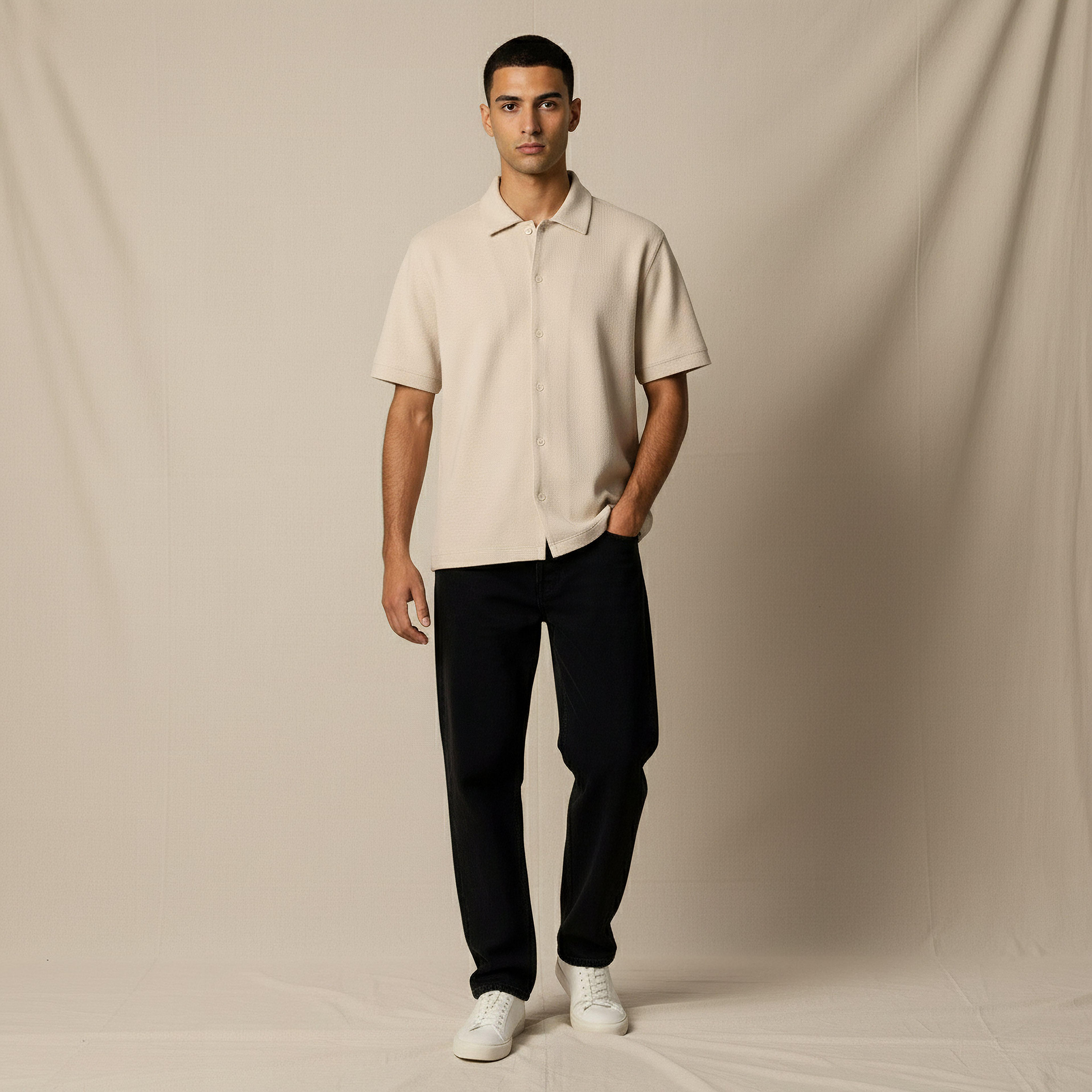Men Regular Fit Collared Waffle Textured Short Sleeve Shirt-men-clothing-shirts-image-2