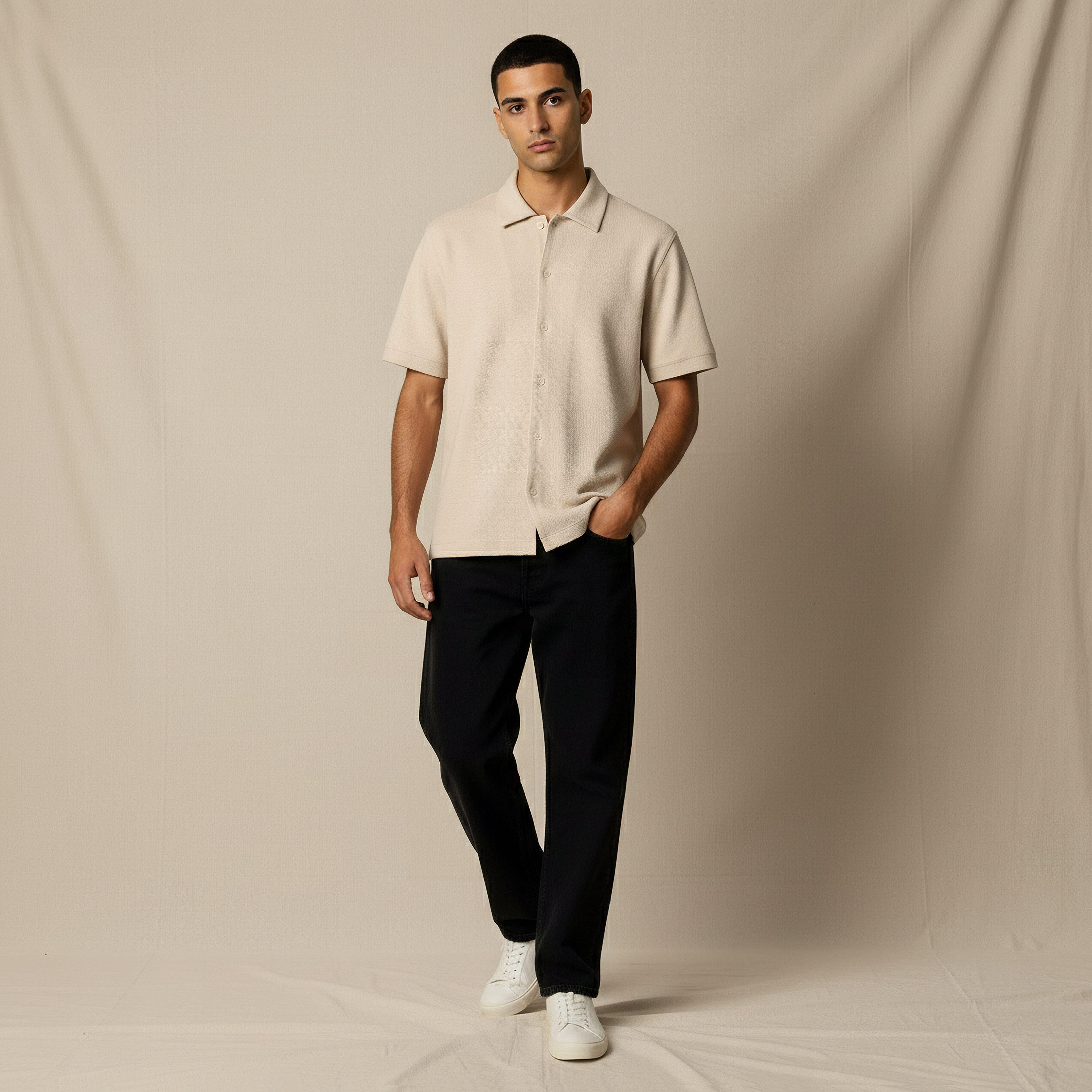 Men Regular Fit Collared Waffle Textured Short Sleeve Shirt-men-clothing-shirts-image-5