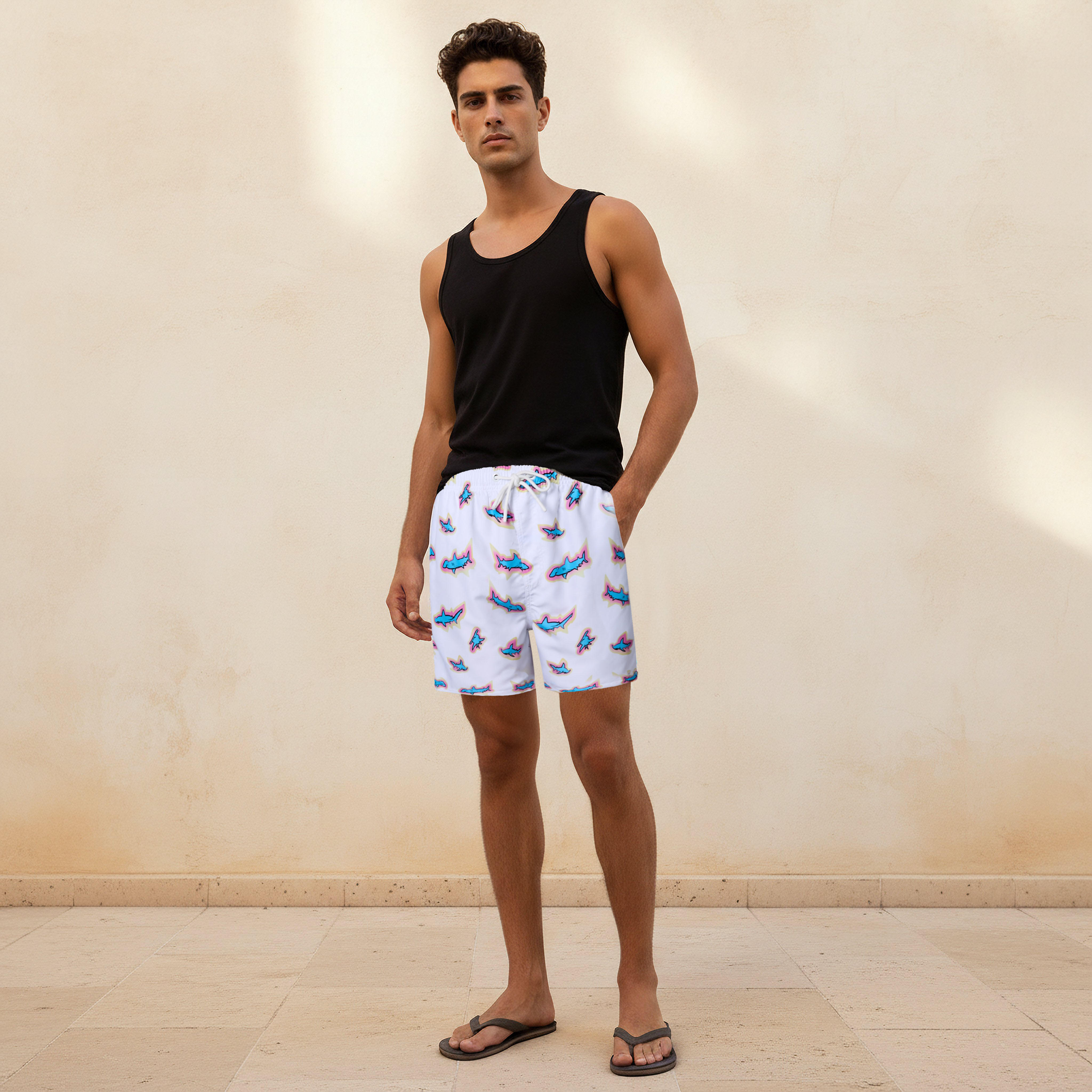 Men Shark Print Swim Shorts-sports-men-clothing-swimwear-image-2