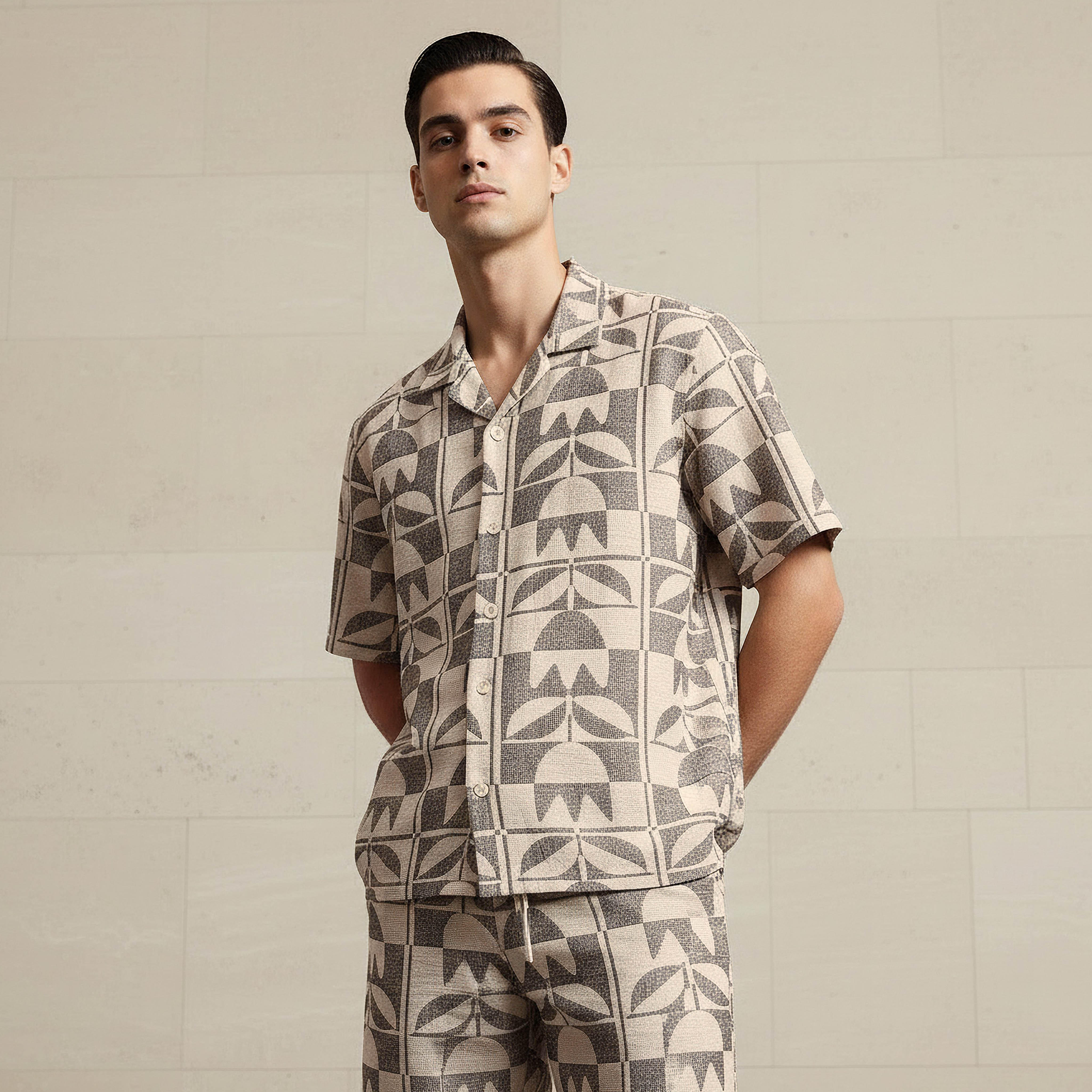 Men Regular Fit Camp Collar Jacquard Short Sleeve Shirt-men-clothing-shirts-image-1