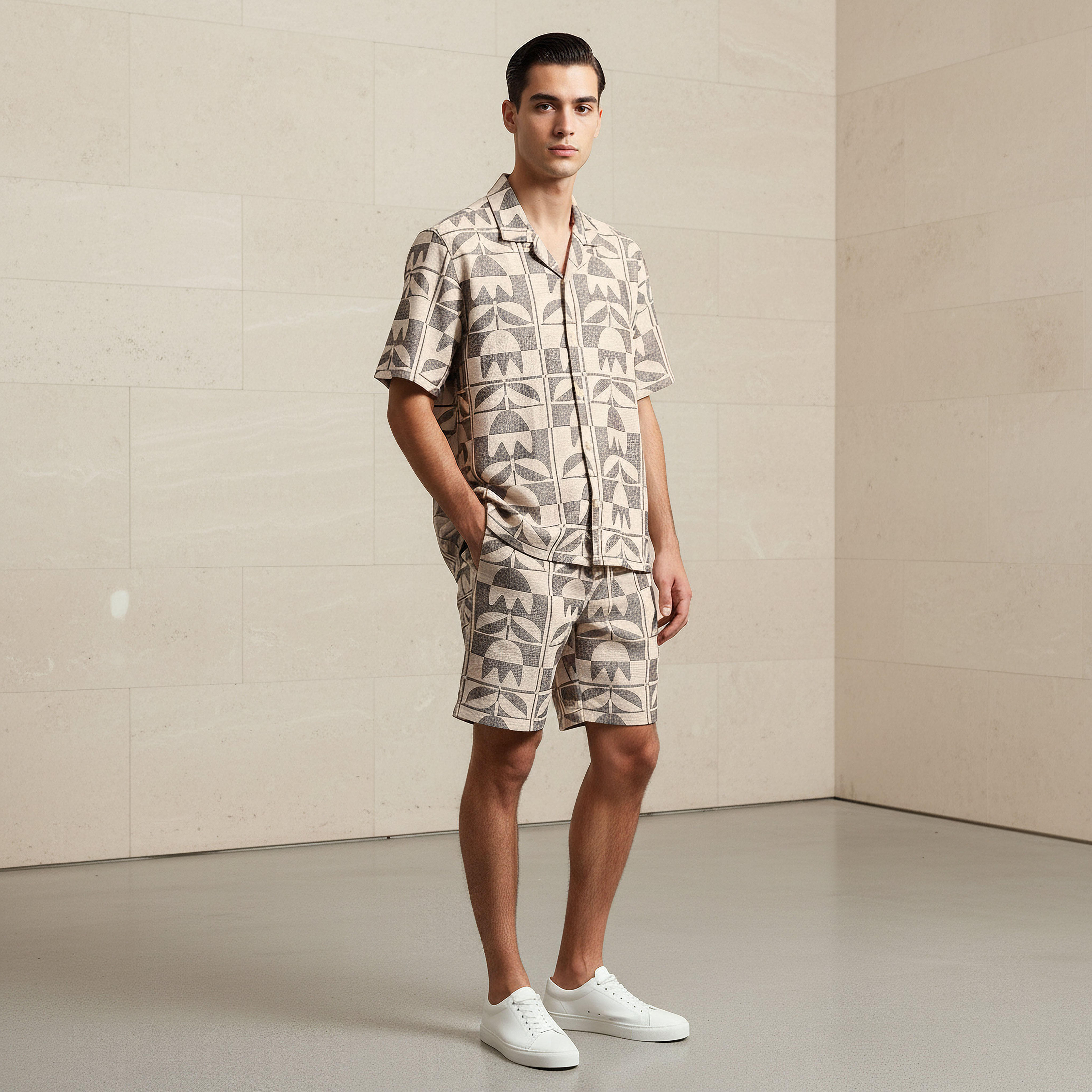 Men Regular Fit Camp Collar Jacquard Short Sleeve Shirt-men-clothing-shirts-image-3