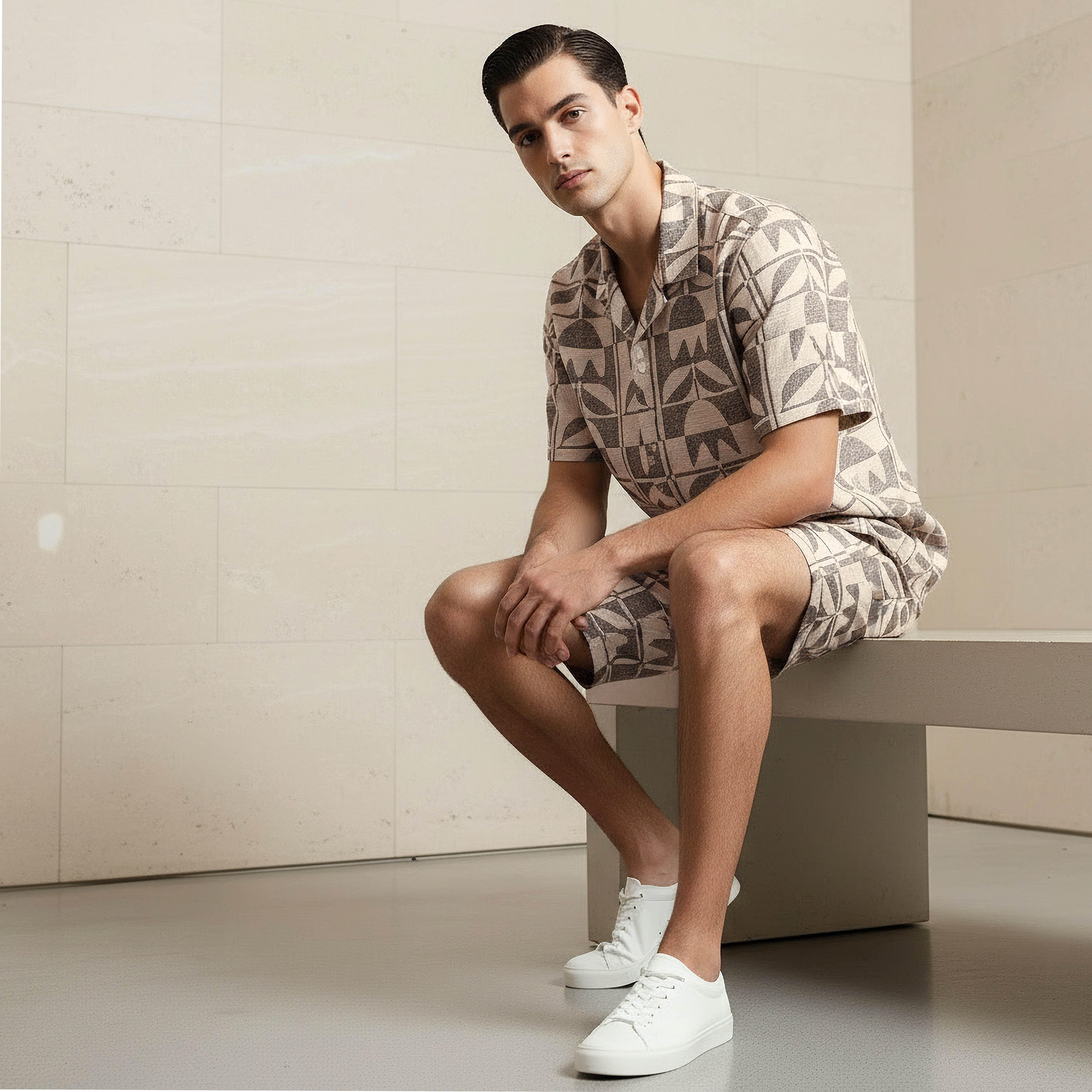 Men Regular Fit Camp Collar Jacquard Short Sleeve Shirt-men-clothing-shirts-image-5