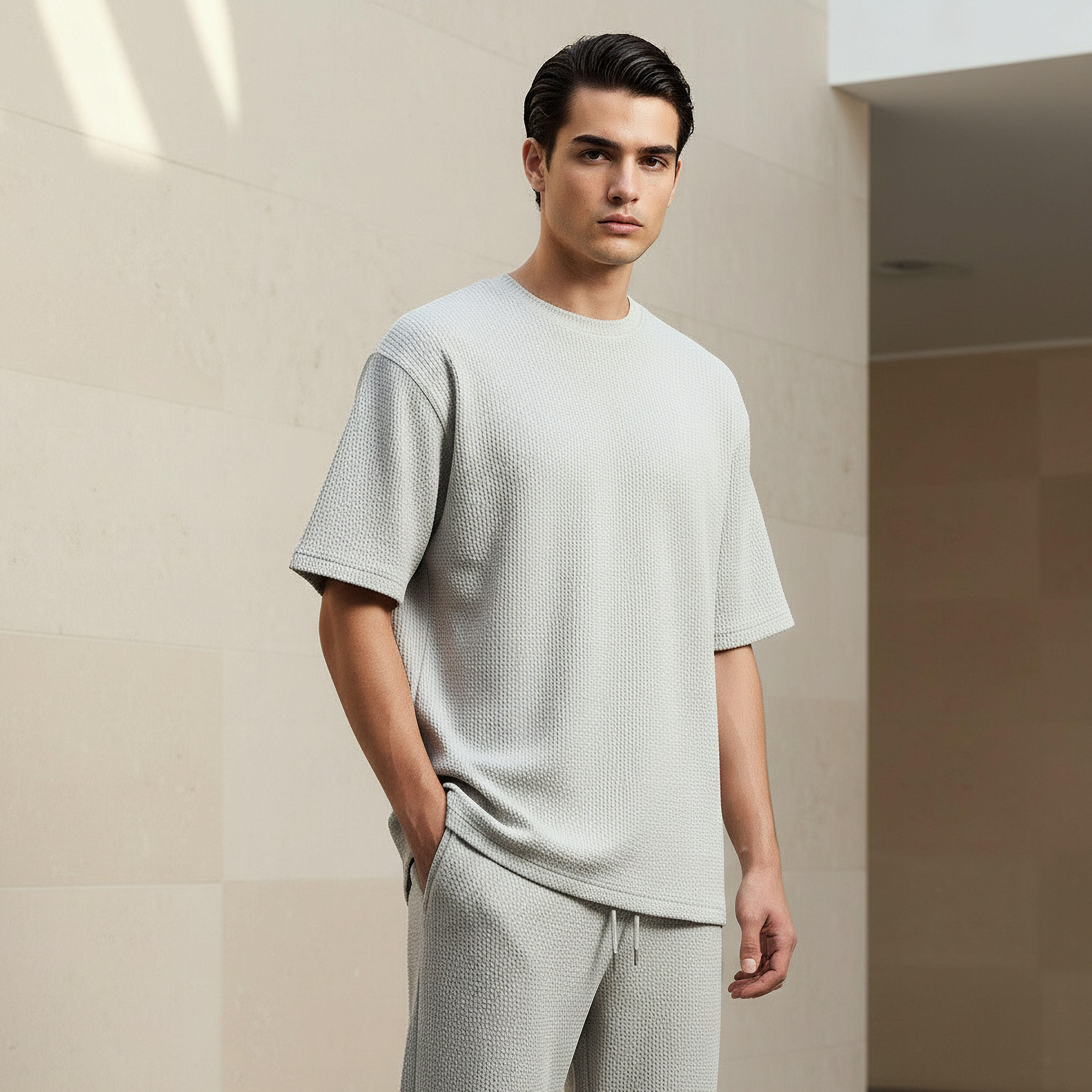 Men Crew Neck Short Sleeves Textured T-shirt-men-clothing-coordsets-image-1